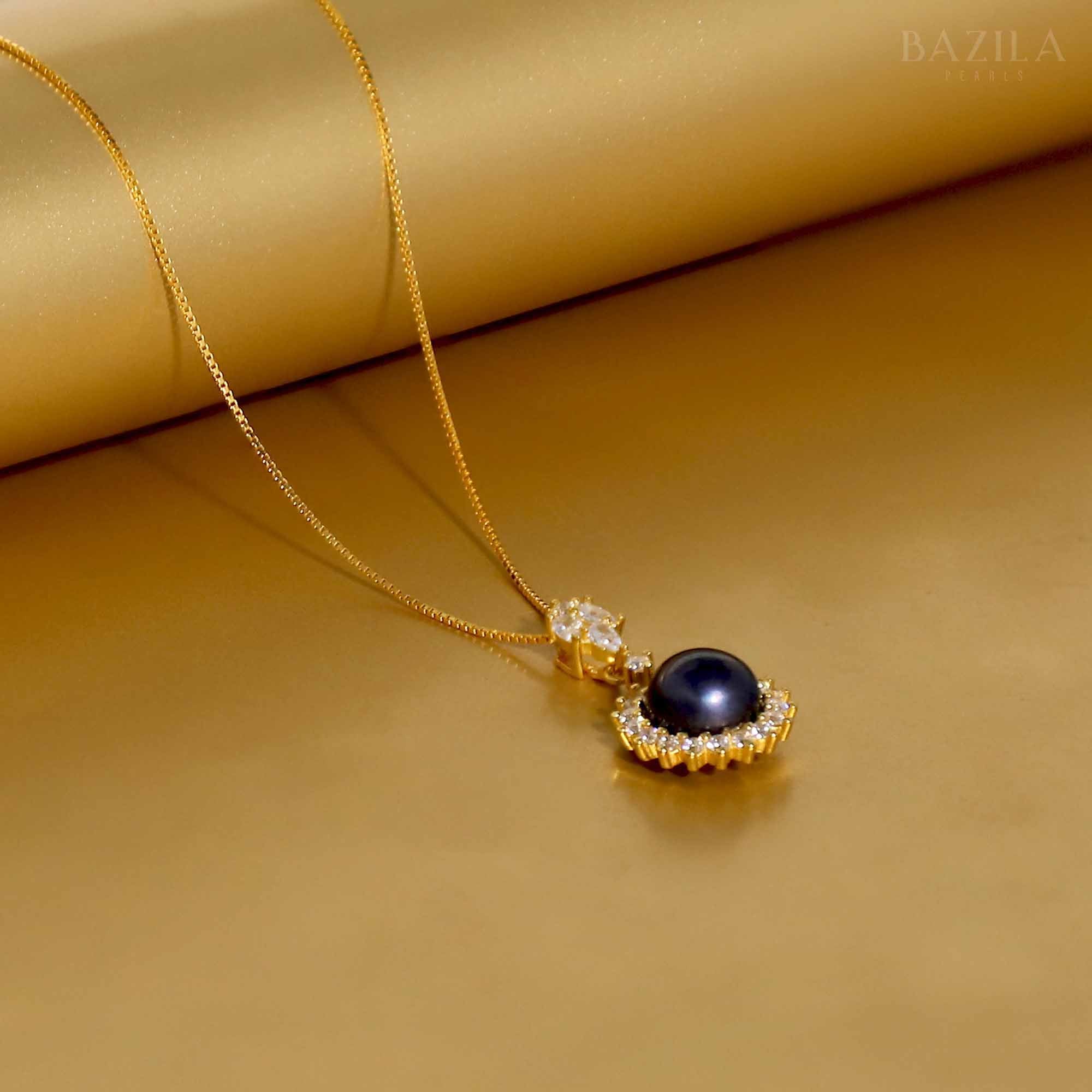 Regal Black Pearl Pendant with Gold Chain & Diamond Halo