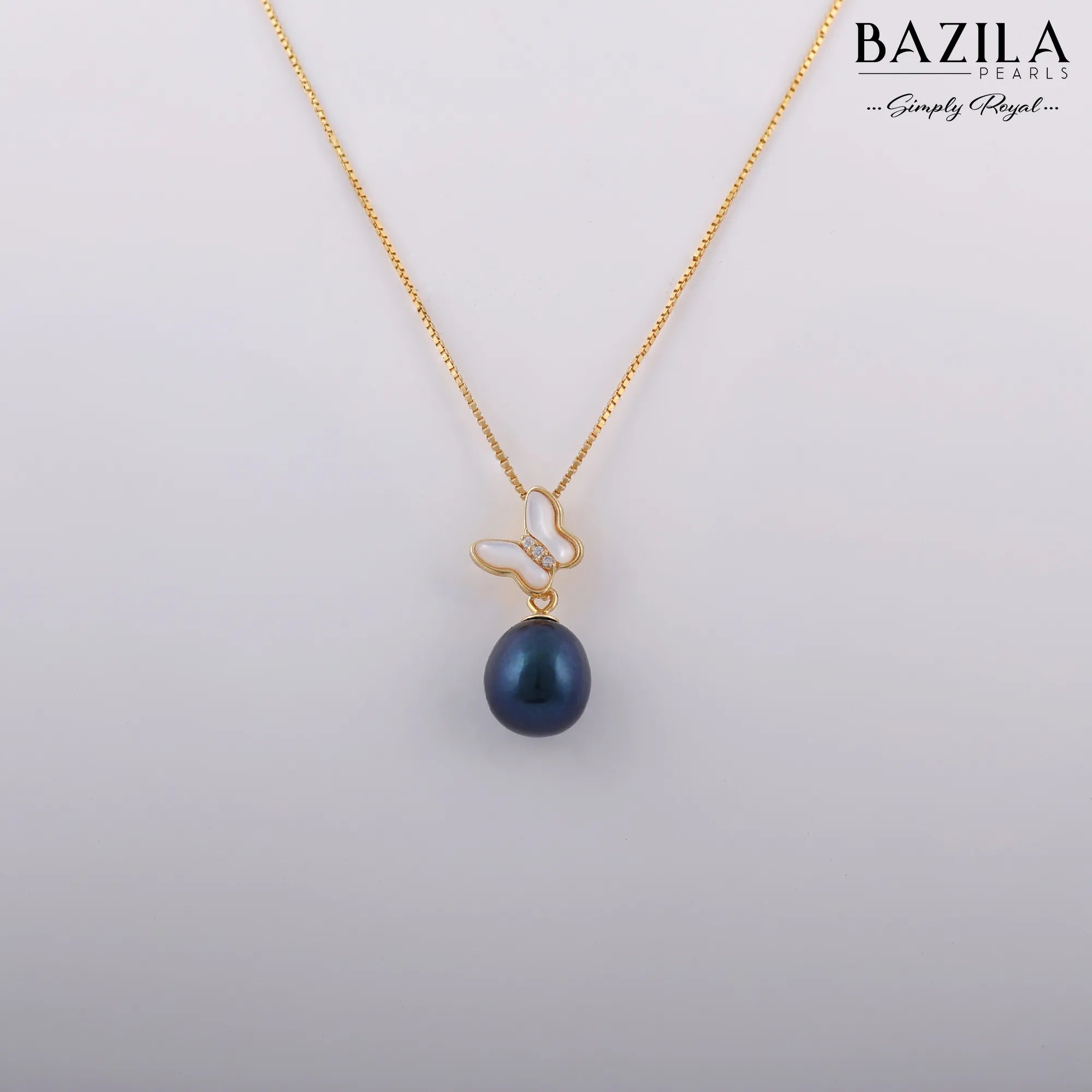 Butterfly-Inspired Black Pearl Pendant on Gold-Toned Chain