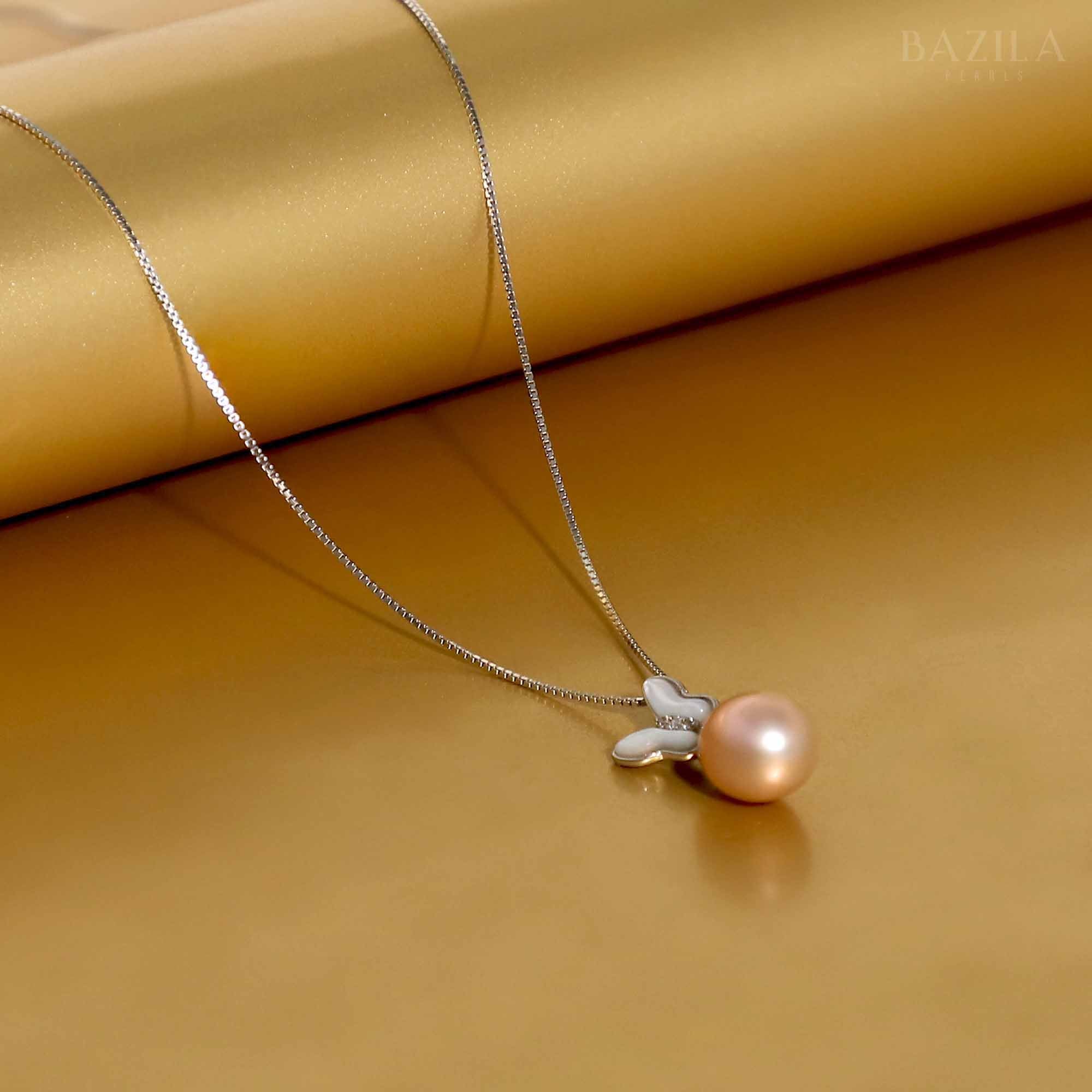 Butterfly-Inspired Pink Pearl Pendant on Sterling Silver Chain