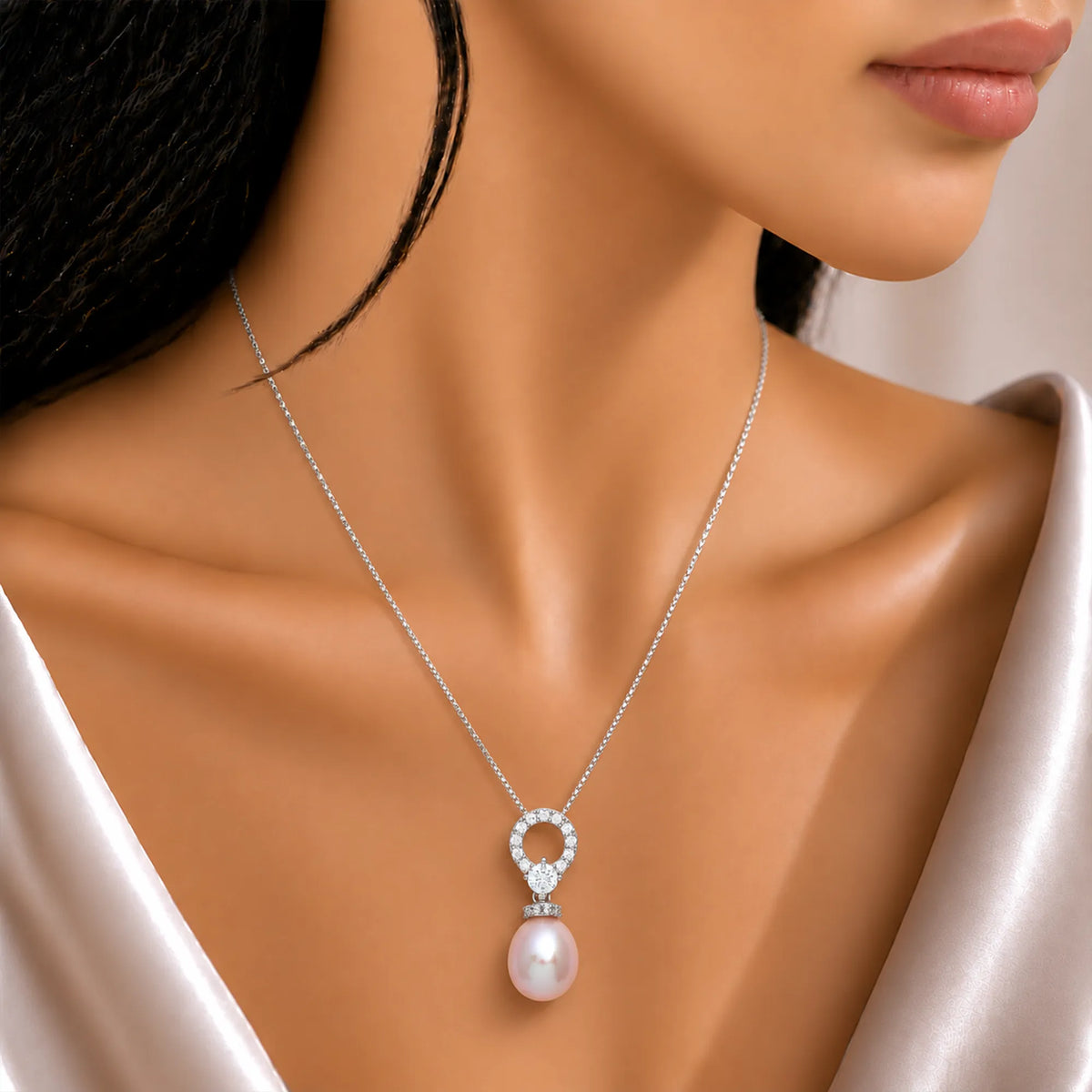 AAA Pink Drop Pearl Pendant on Lustrous White Chain