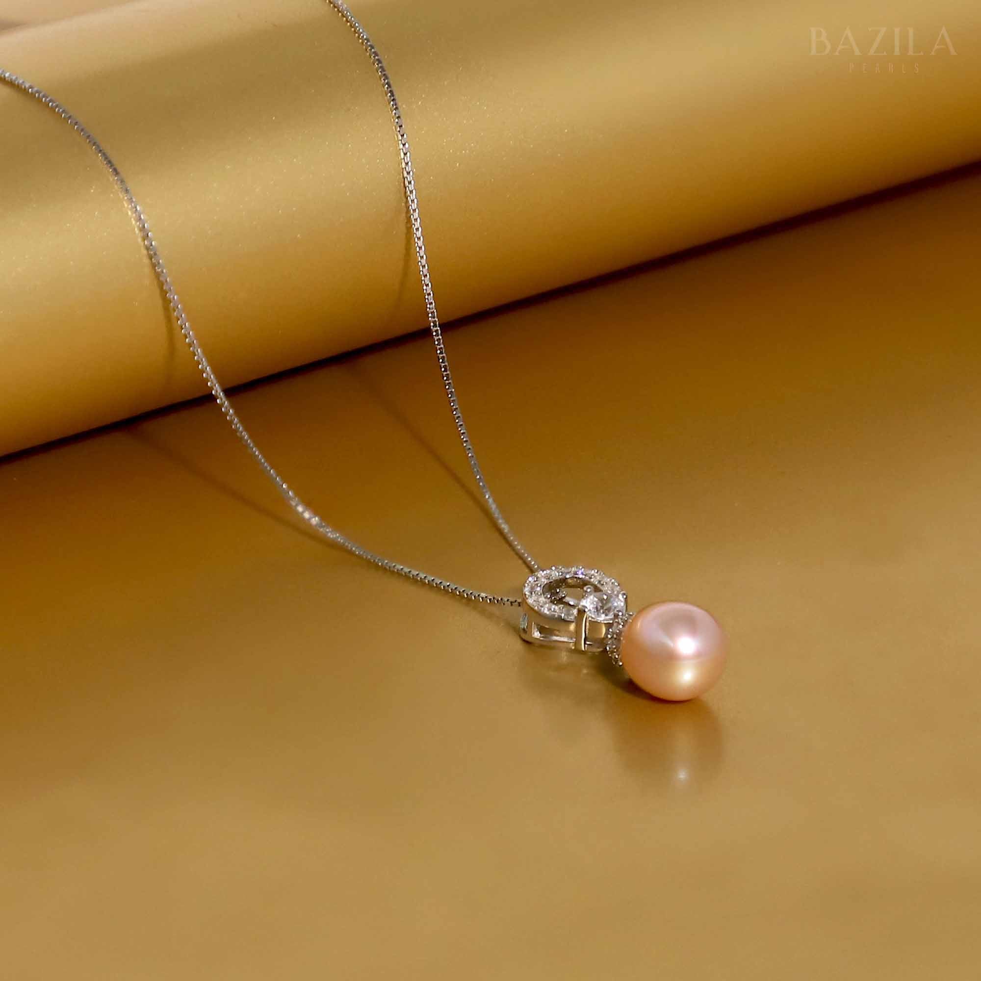 AAA Pink Drop Pearl Pendant on Lustrous White Chain