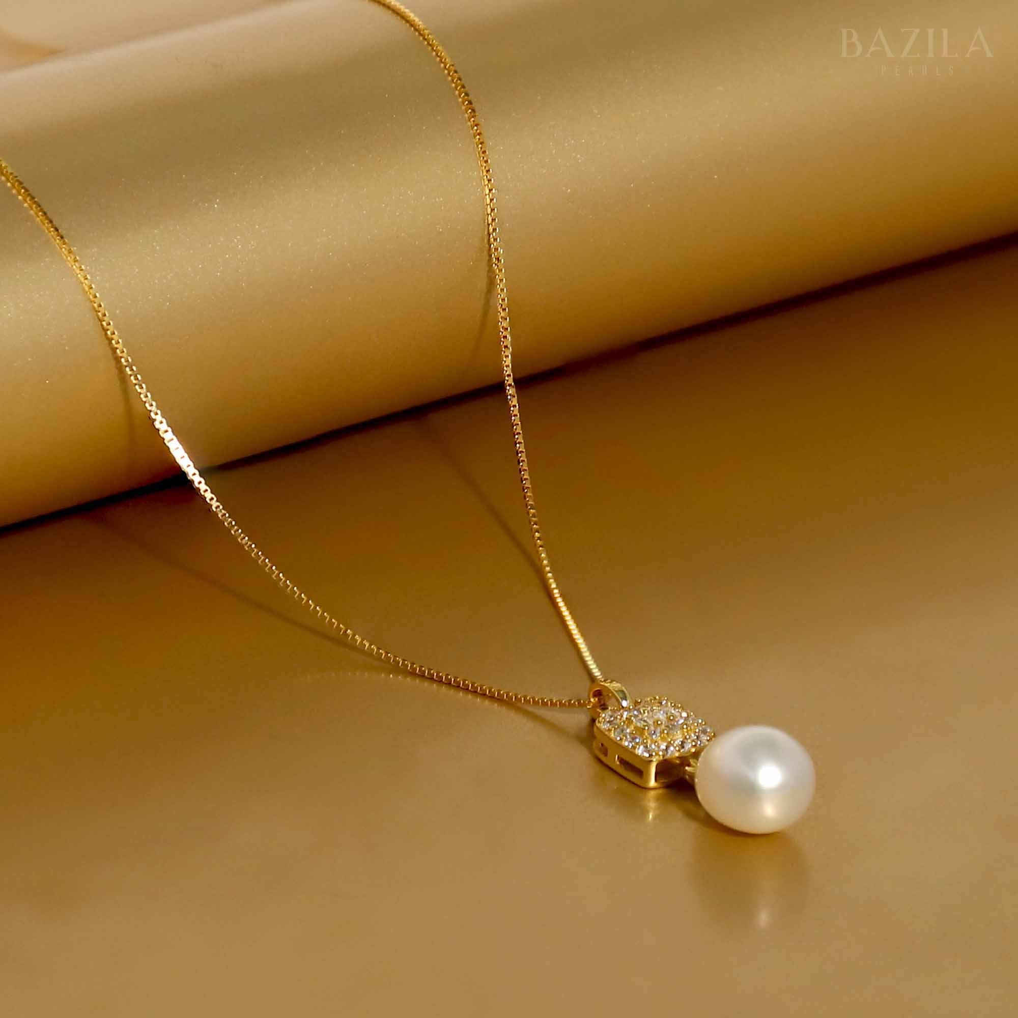 AAA White Drop Pearl Pendant on Gold Chain