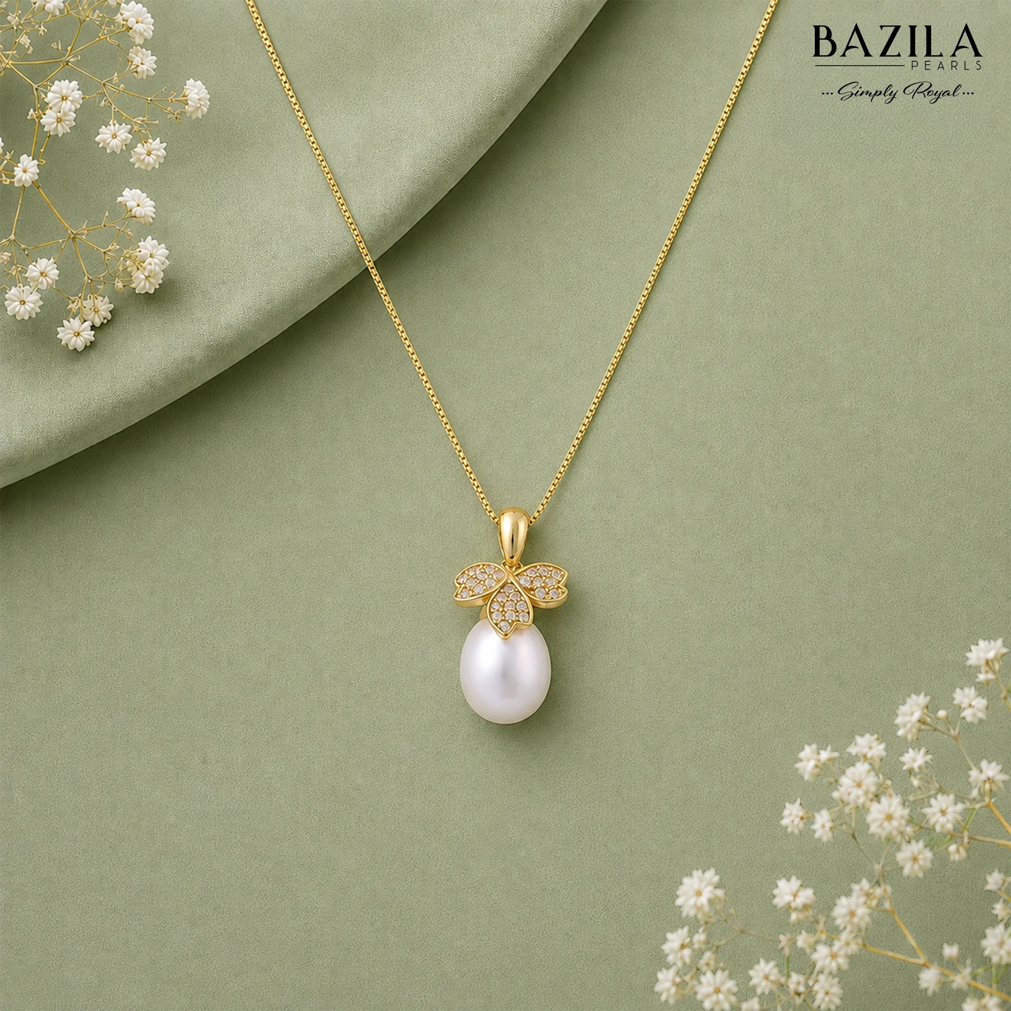 White Drop Pearl Pendant with Butterfly Motif on Gold-Finish Chain