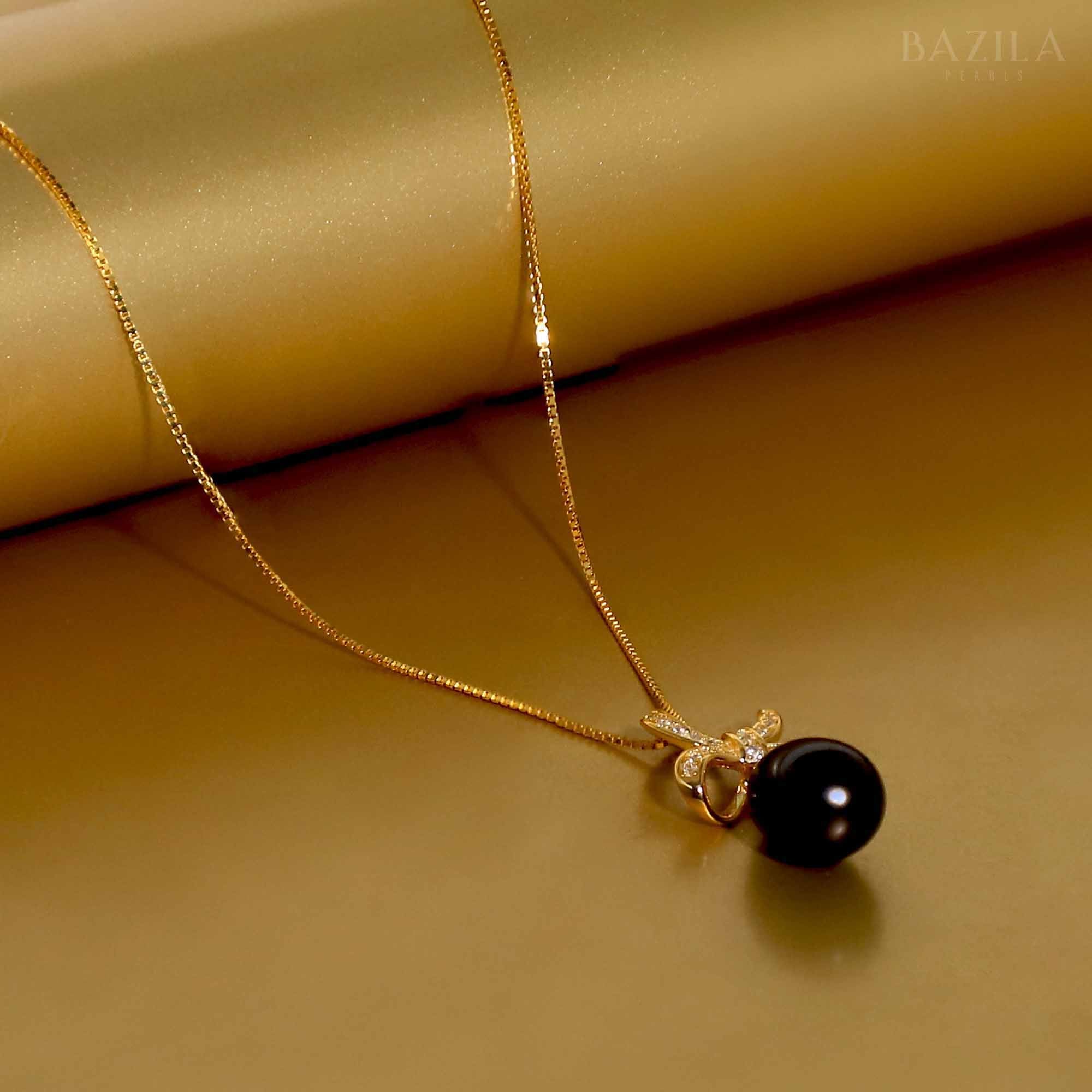 Gold Butterfly Drop Pendant with Lustrous Black Pearl