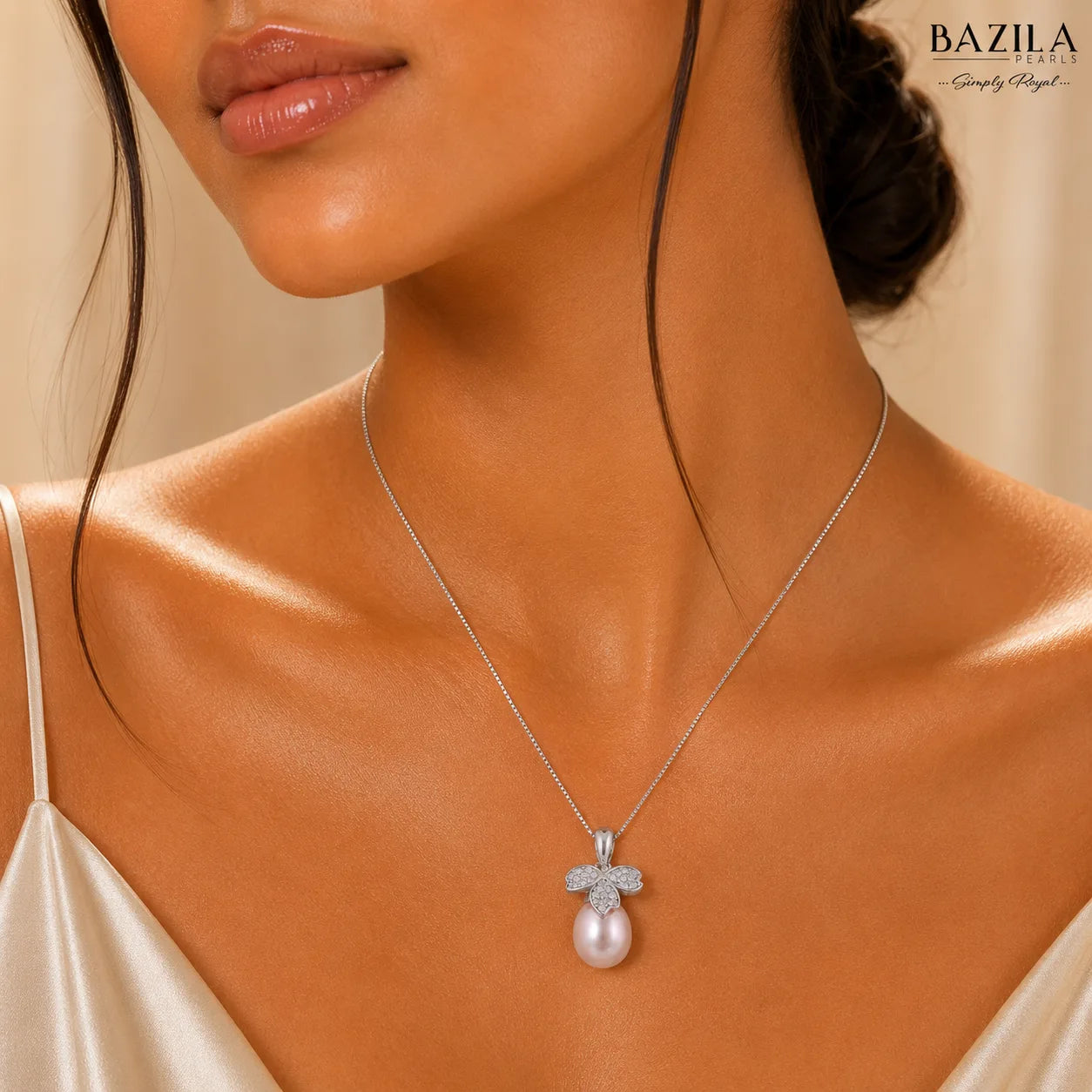 Silver Butterfly Drop Pendant with Pink Freshwater Pearl