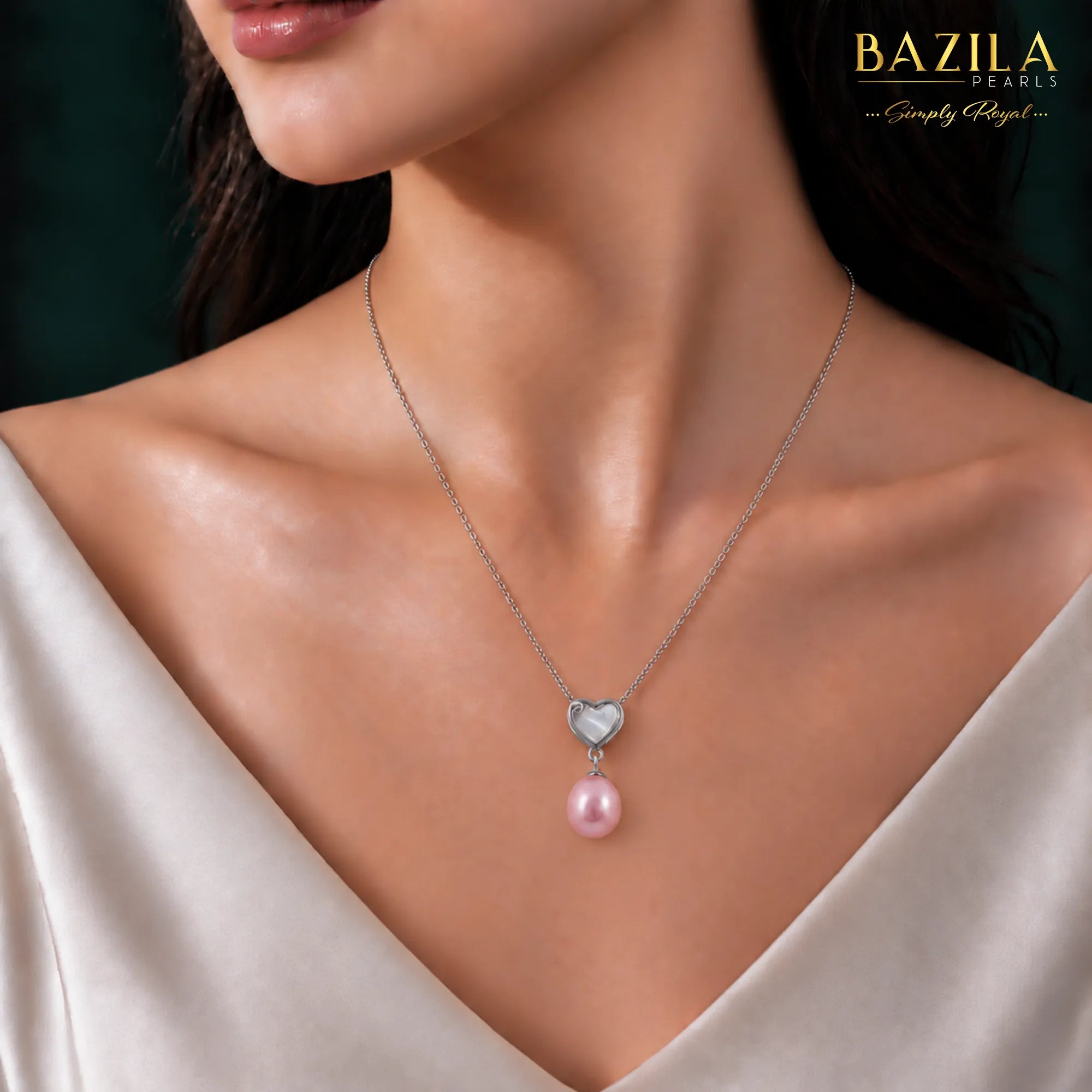 Pink Drop Pearl Pendant with Silver Heart Accent