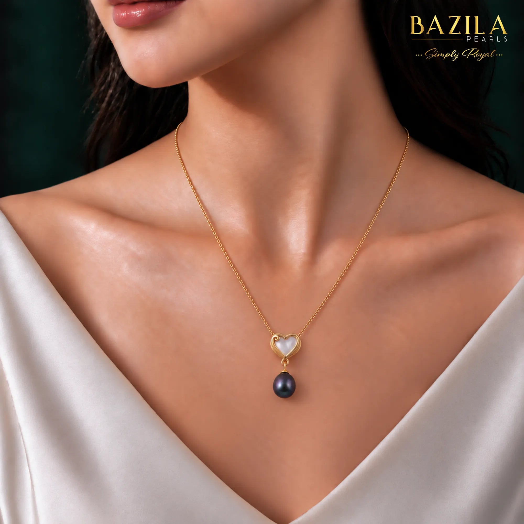 Black Drop Pearl Pendant with Golden Heart Detail