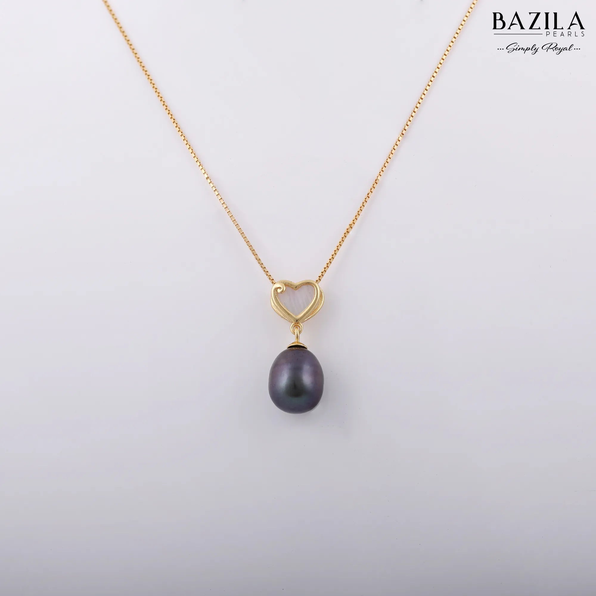 Black Drop Pearl Pendant with Golden Heart Detail