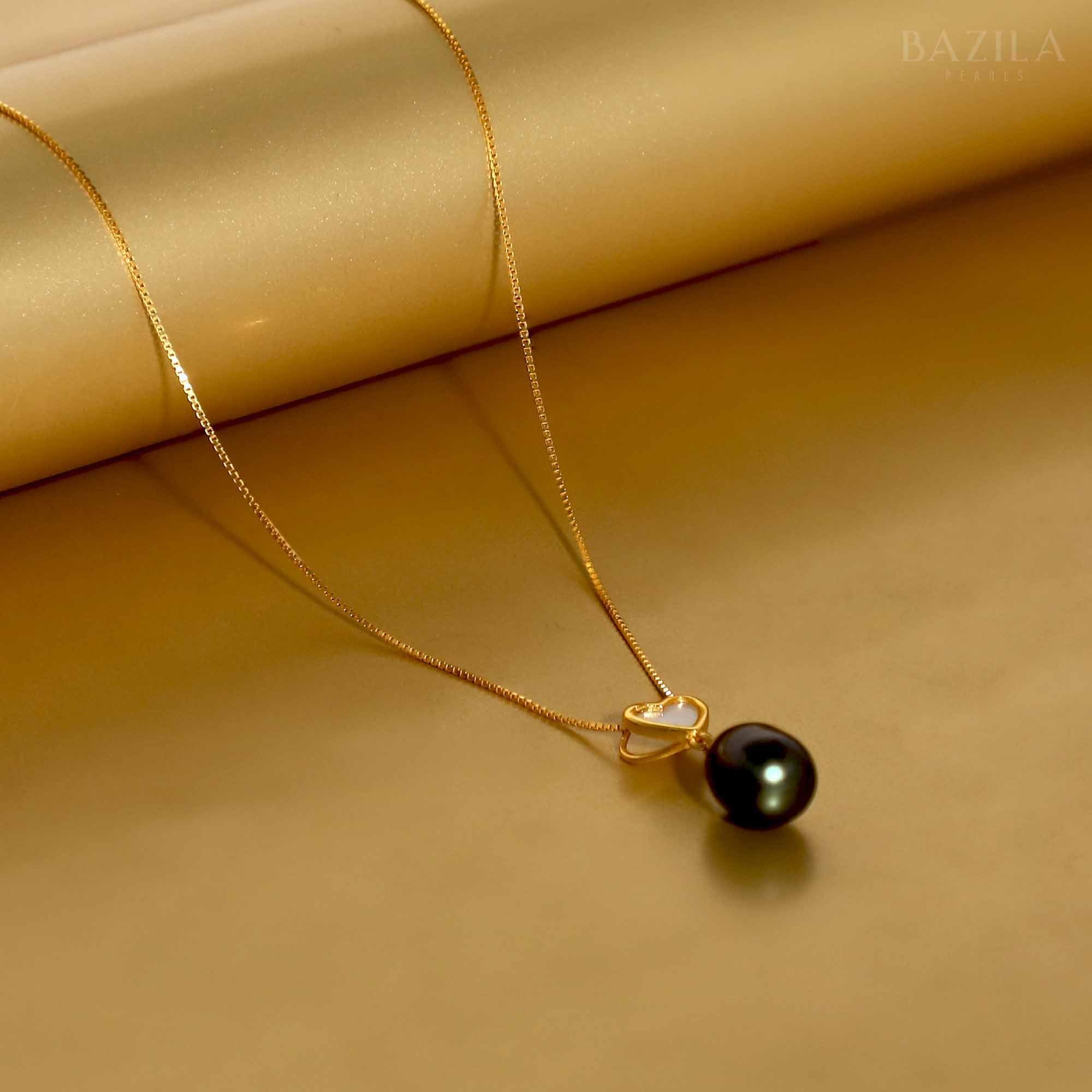 Black Drop Pearl Pendant with Golden Heart Detail