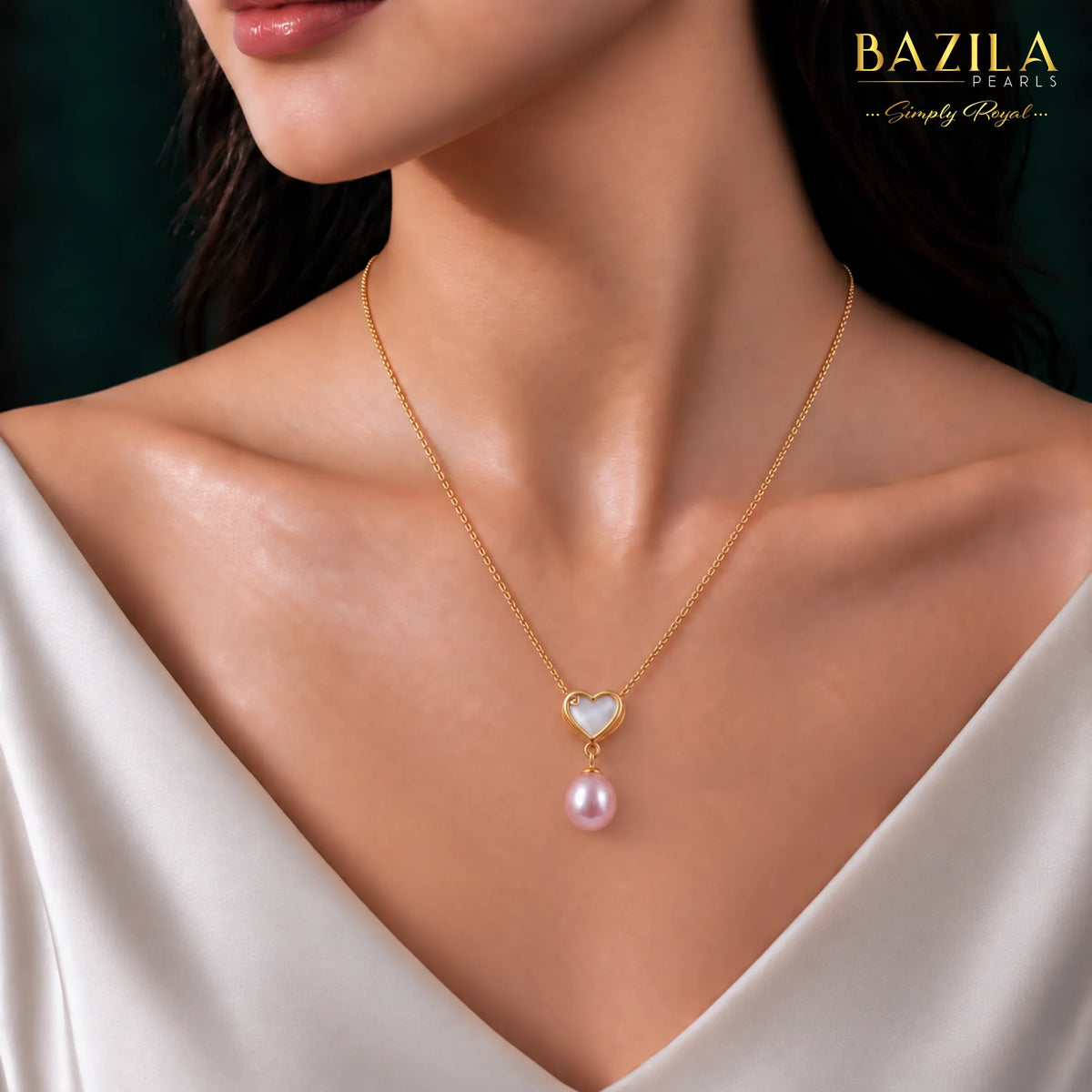 Pink Drop Pearl Pendant with Golden Heart Accent