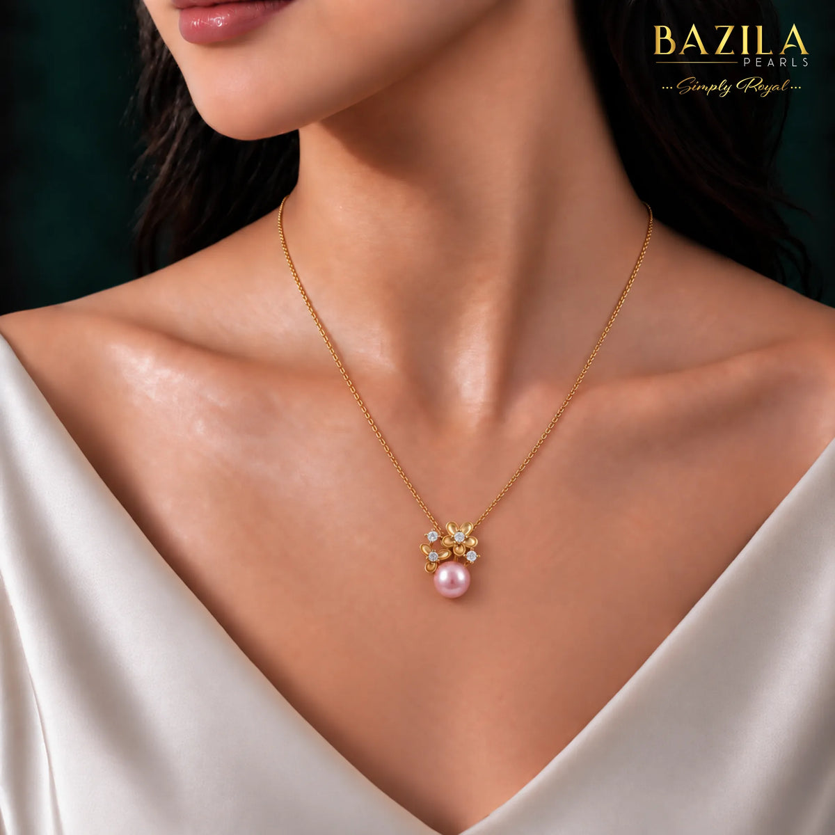 Pink Button Pearl Pendant with Gold Floral Crystal Accent