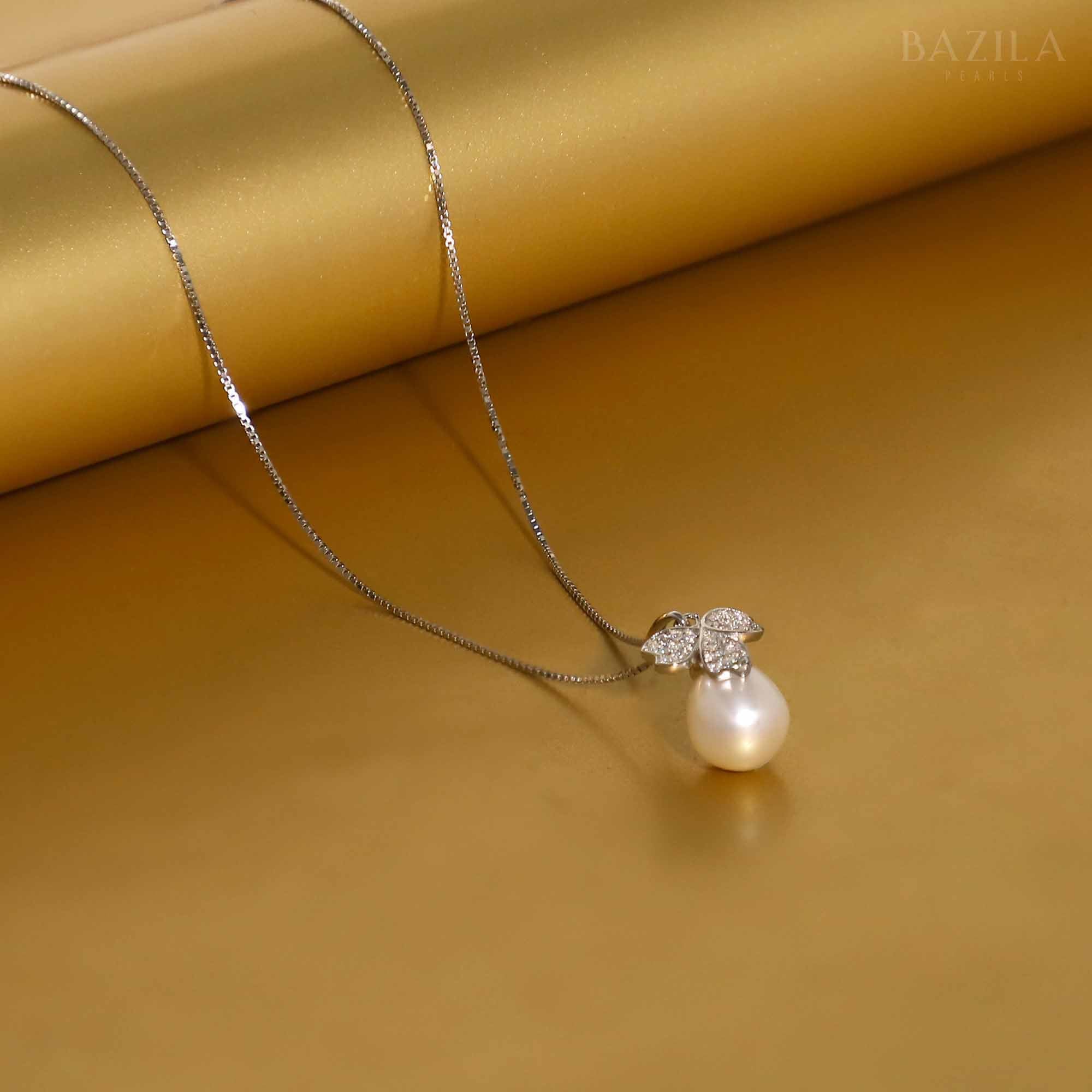 White Drop Pearl Pendant with Pave Butterfly on Sterling Silver Chain