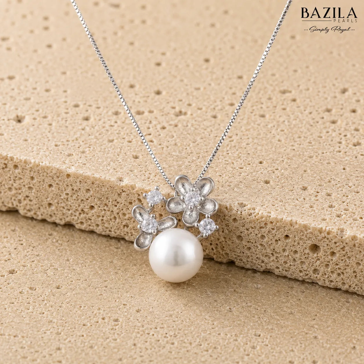 White Drop Pearl Pendant with Crystal Bloom on Silver Chain