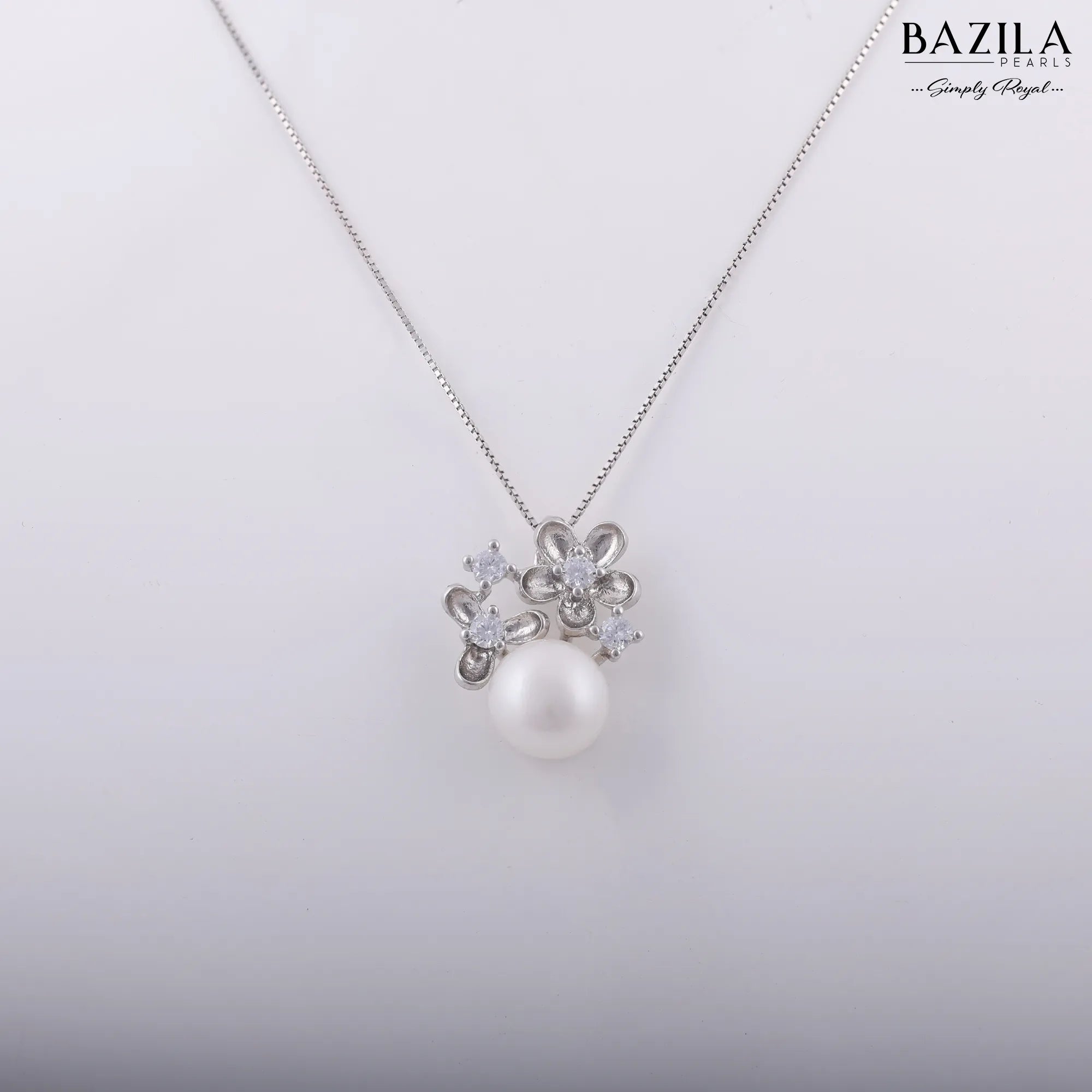 White Drop Pearl Pendant with Crystal Bloom on Silver Chain