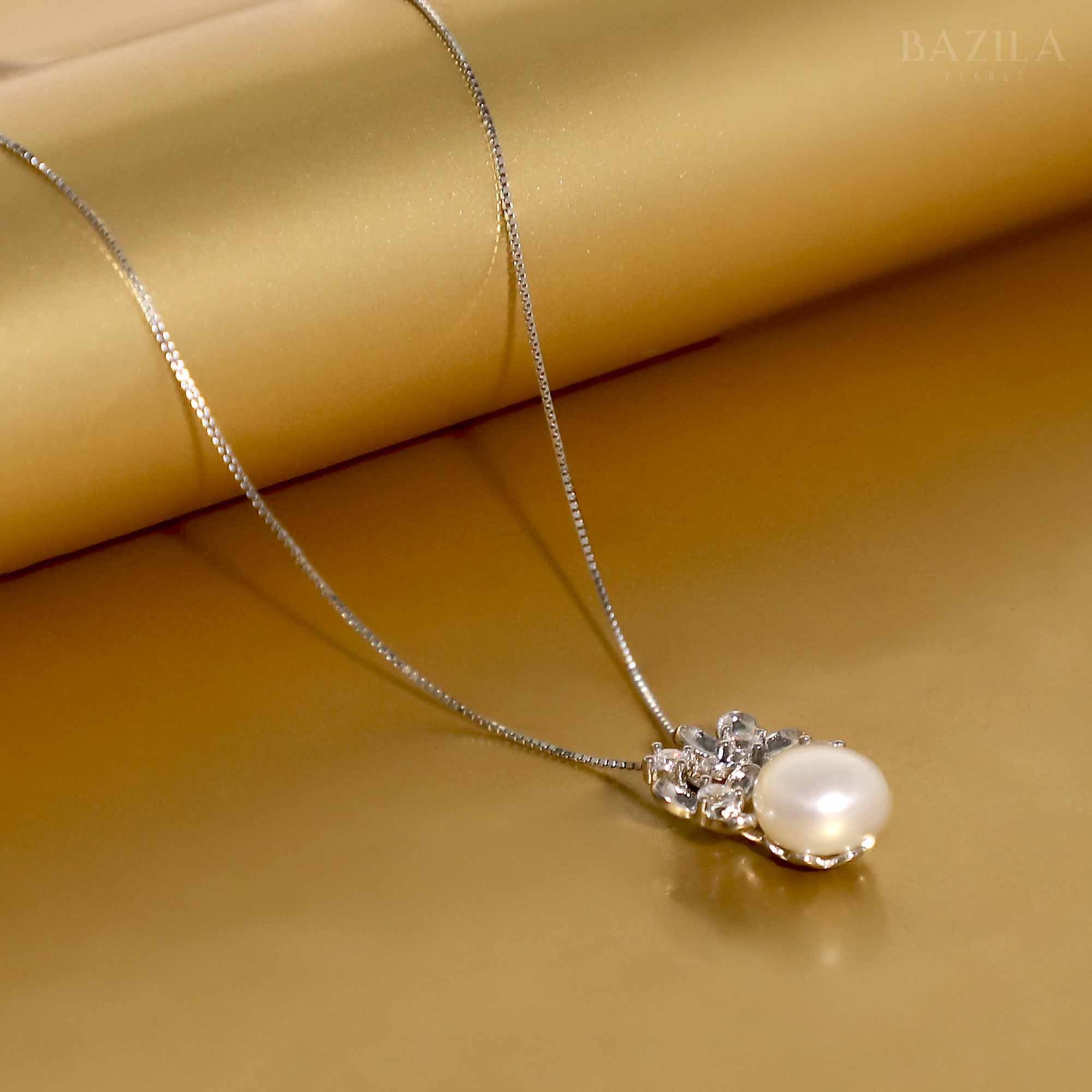 White Drop Pearl Pendant with Crystal Bloom on Silver Chain