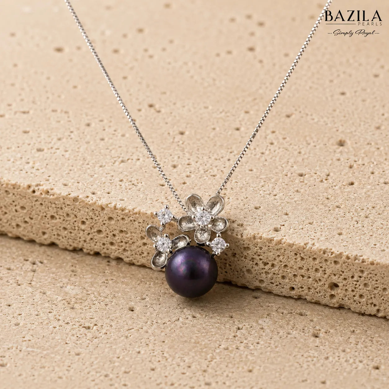 Black Drop Pearl Pendant with Crystal Bloom on Silver Chain
