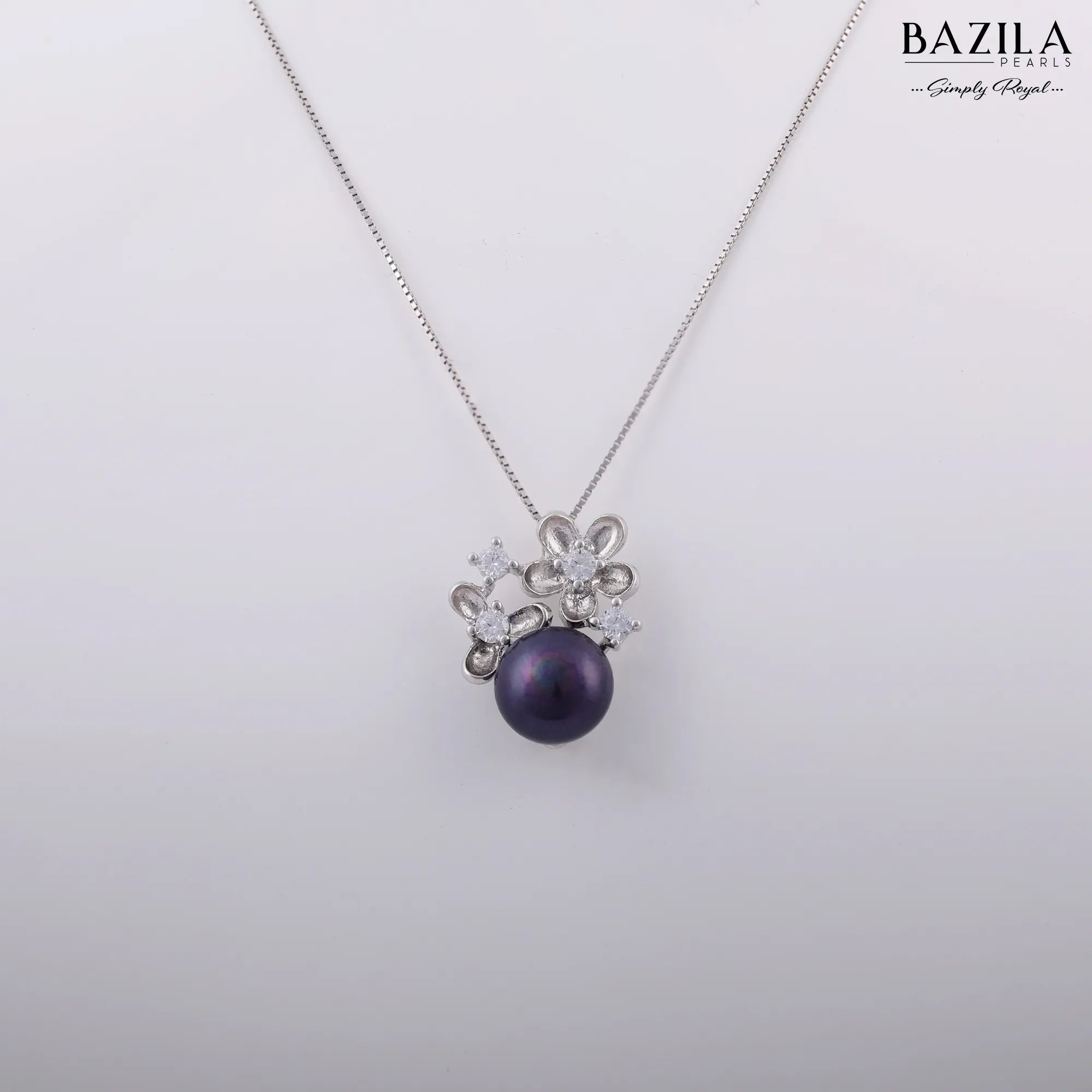 Black Drop Pearl Pendant with Crystal Bloom on Silver Chain