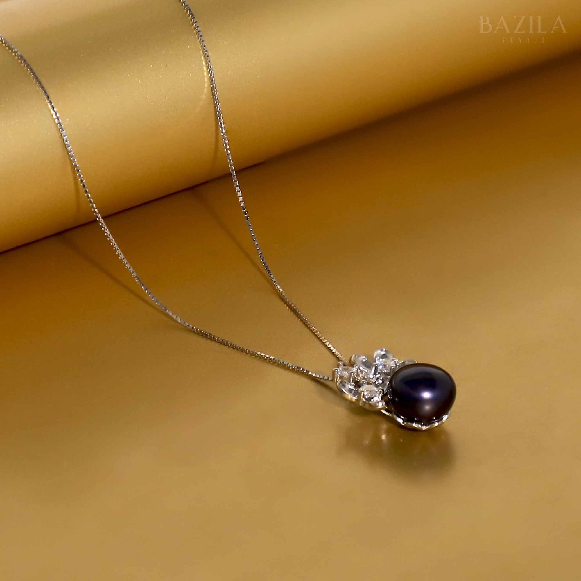 Black Drop Pearl Pendant with Crystal Bloom on Silver Chain