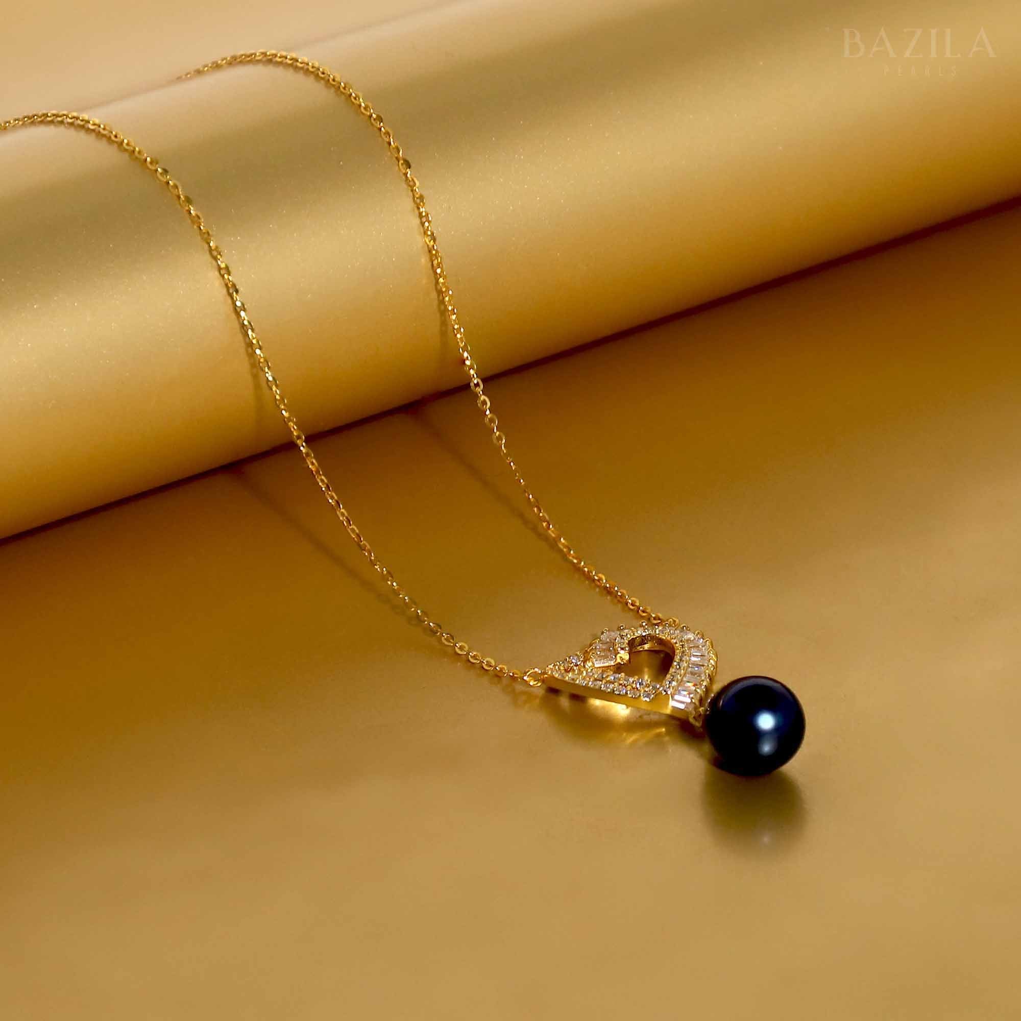 Noir Radiance: Black Drop Pearl Necklace in Gold