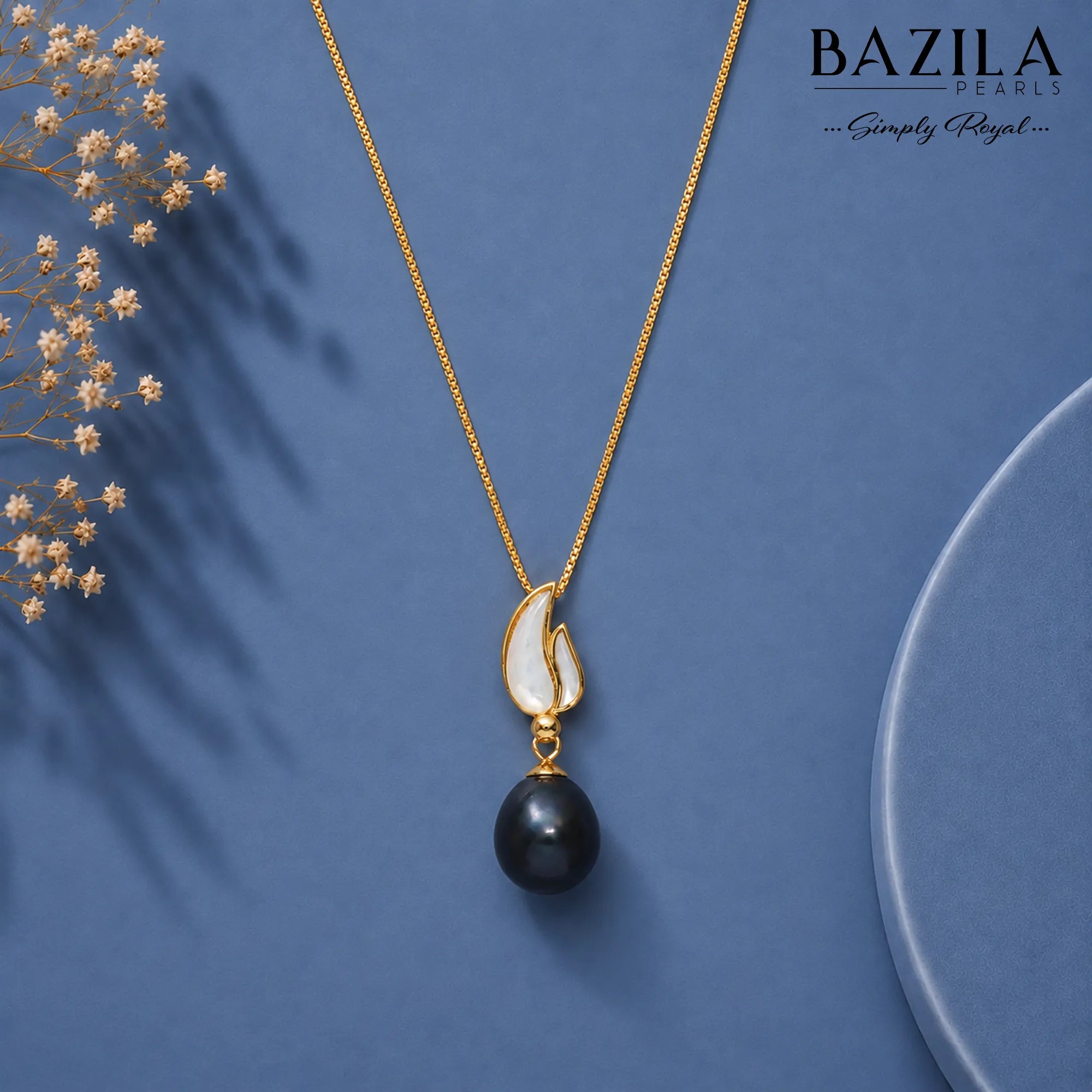 Black Drop Pearl Pendant on Radiant Gold-Finish Chain