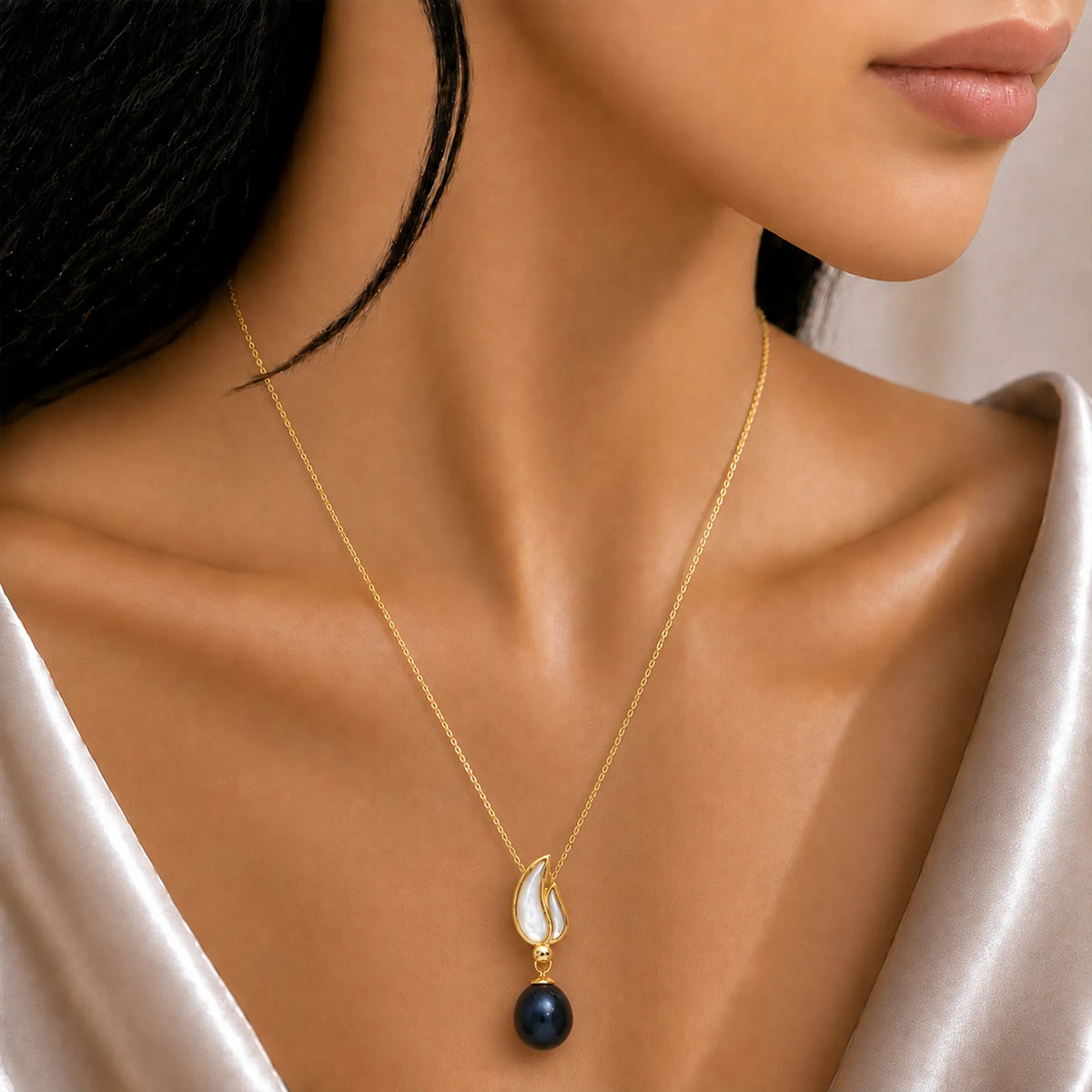Black Drop Pearl Pendant on Radiant Gold-Finish Chain