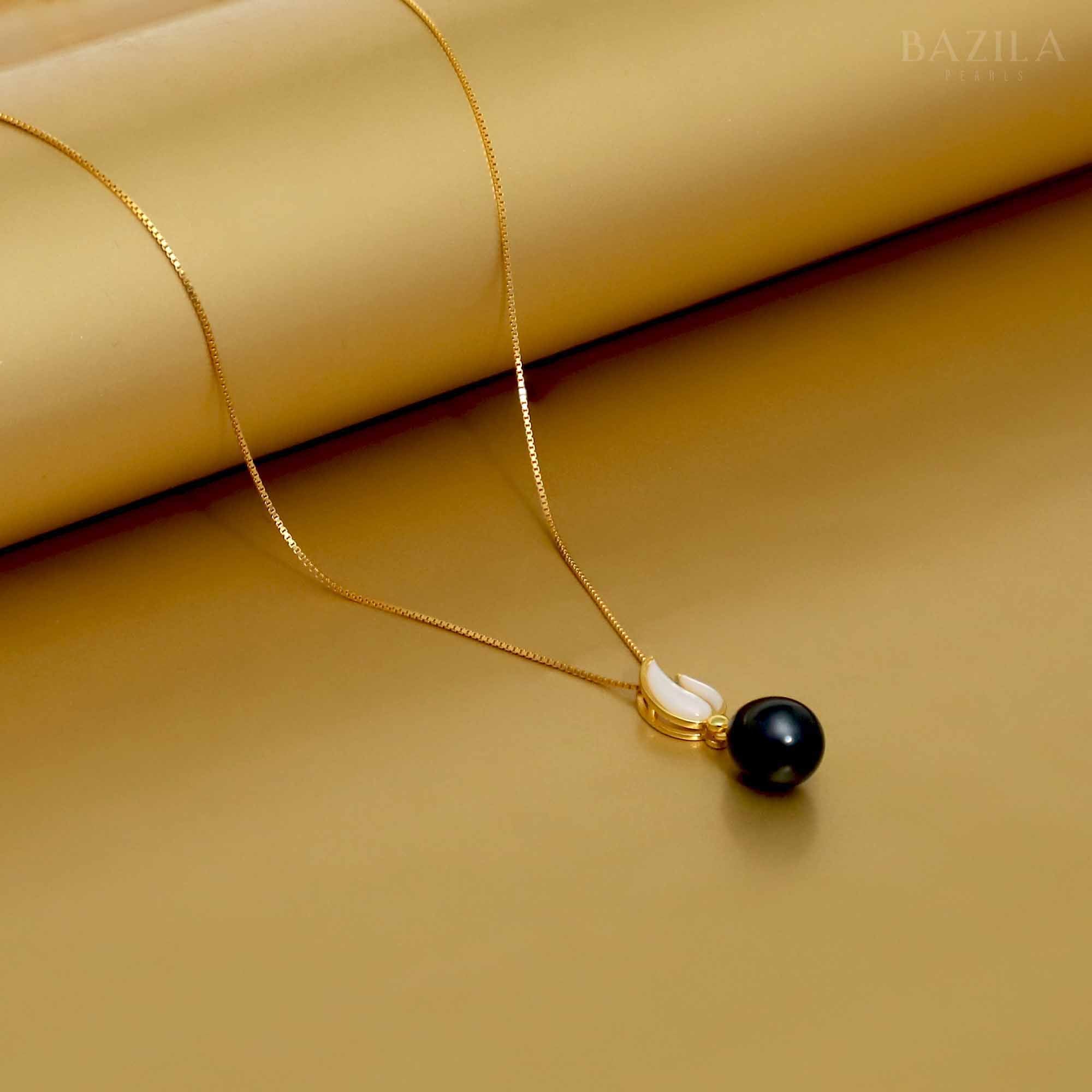Black Drop Pearl Pendant on Radiant Gold Chain