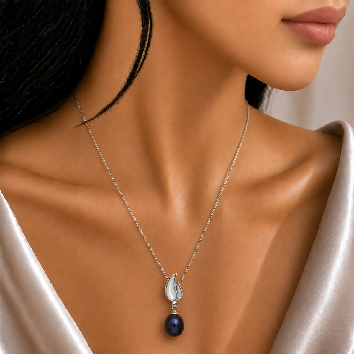Black Drop Pearl Pendant on a Sleek Silver Chain
