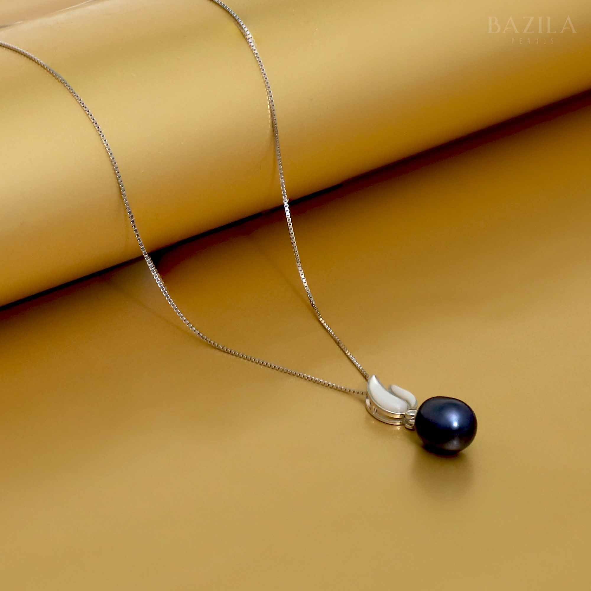 Black Drop Pearl Pendant on a Sleek Silver Chain