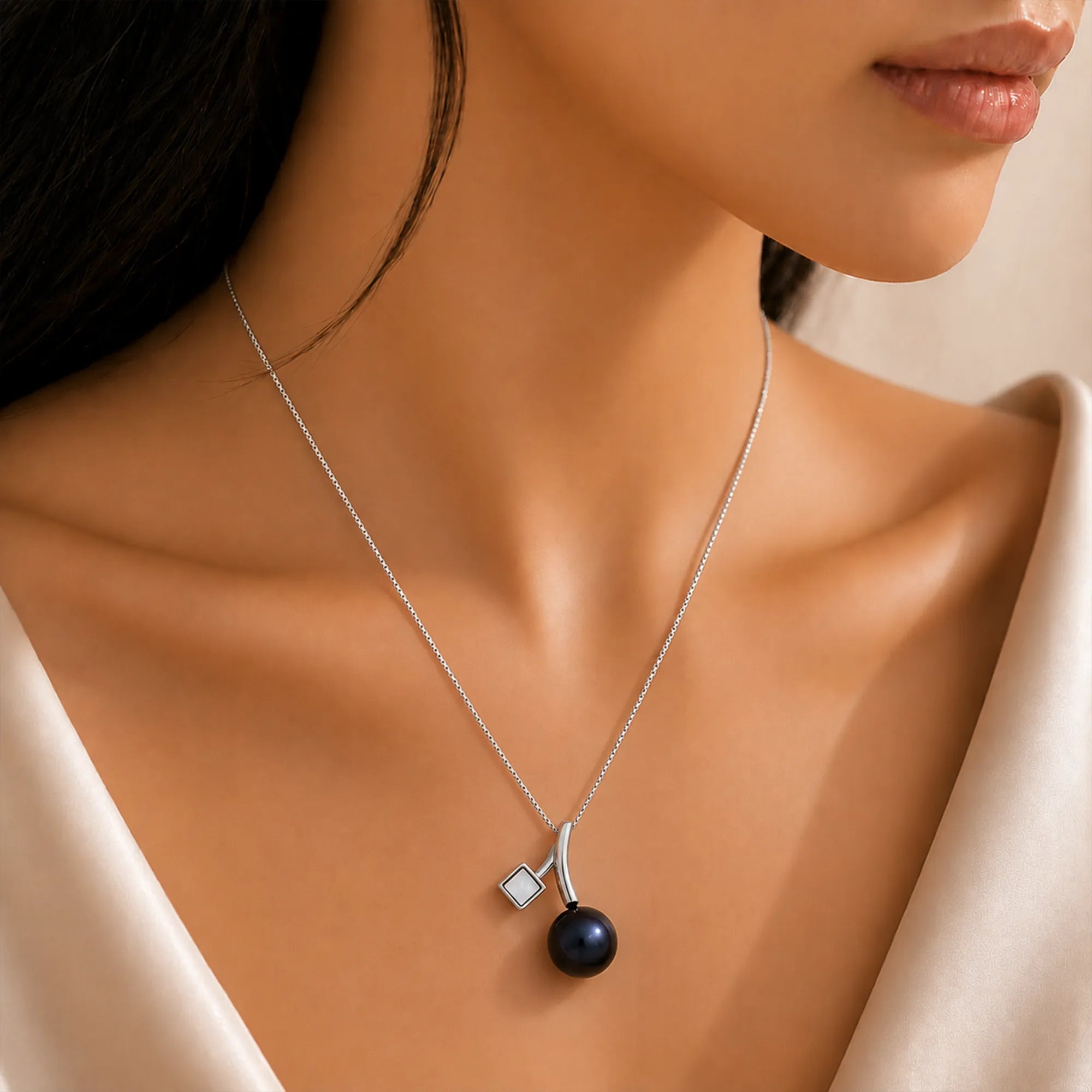 Celestial Drop Pearl Pendant – Black Pearl on White Chain