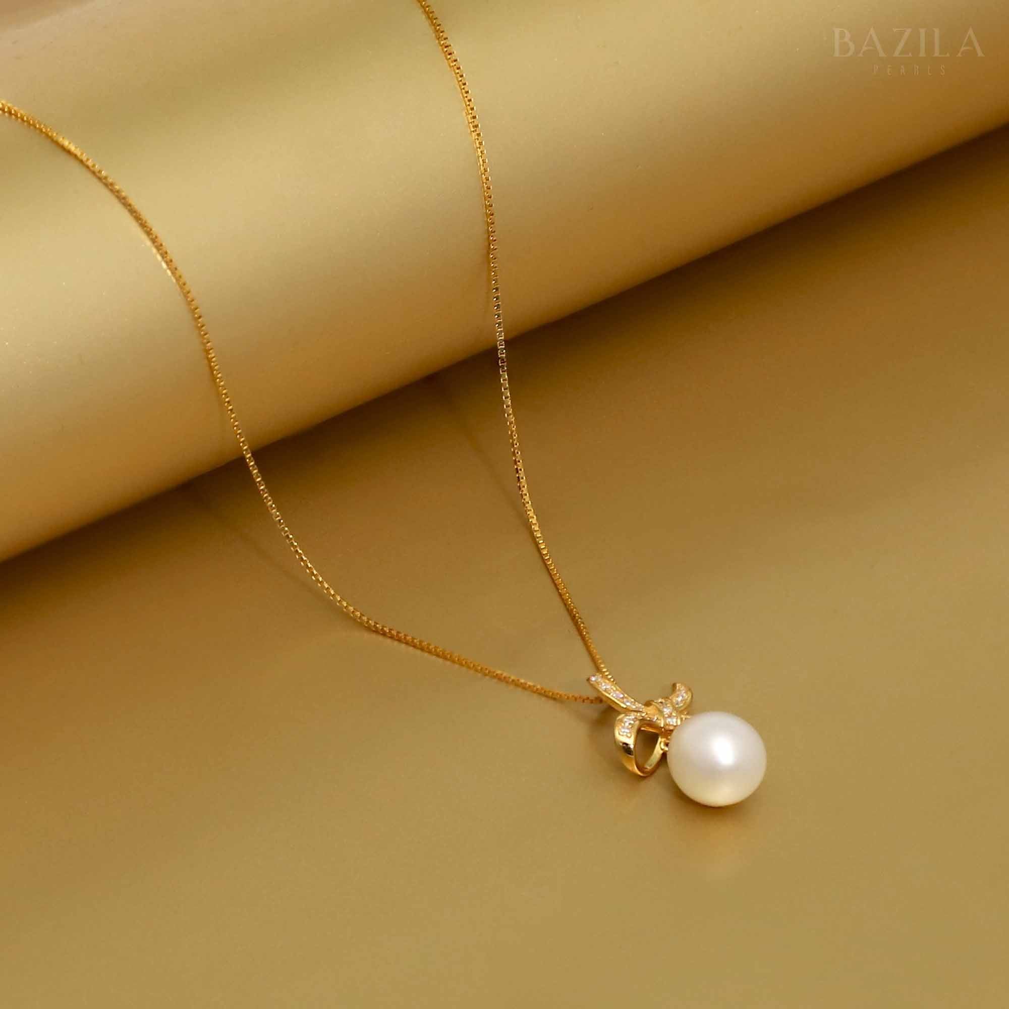 Classic White Pearl Pendant with Gold Chain & Elegant Studded Loop