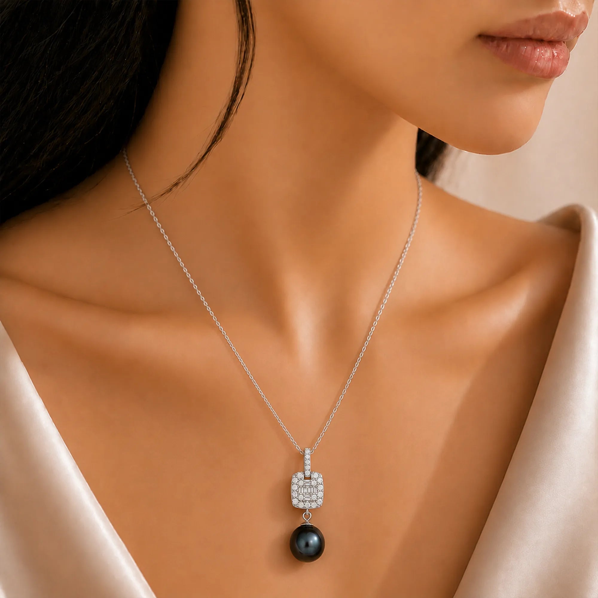 Silken Night: Black Drop Pearl with Silver Grace