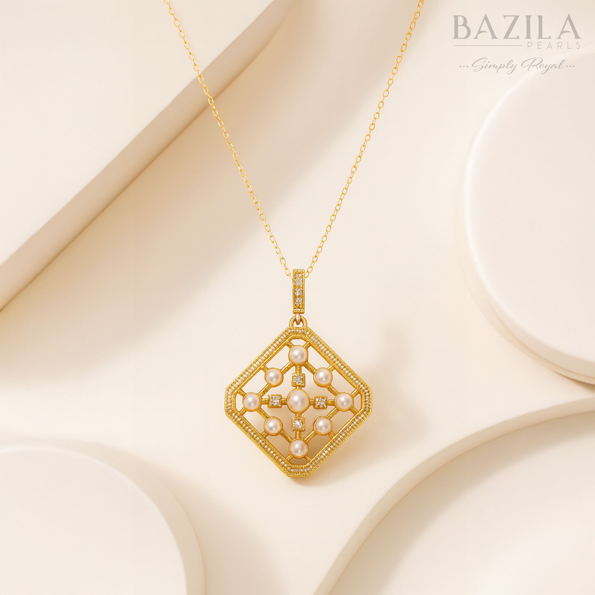 Elegant Pearl & CZ Square Filigree Pendant