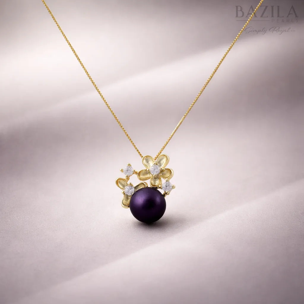 Black Pearl Floral Pendant Necklace in Gold Finish