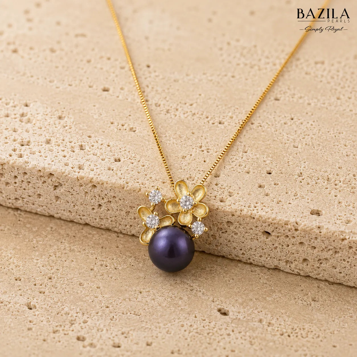 Black Pearl Floral Pendant Necklace in Gold Finish