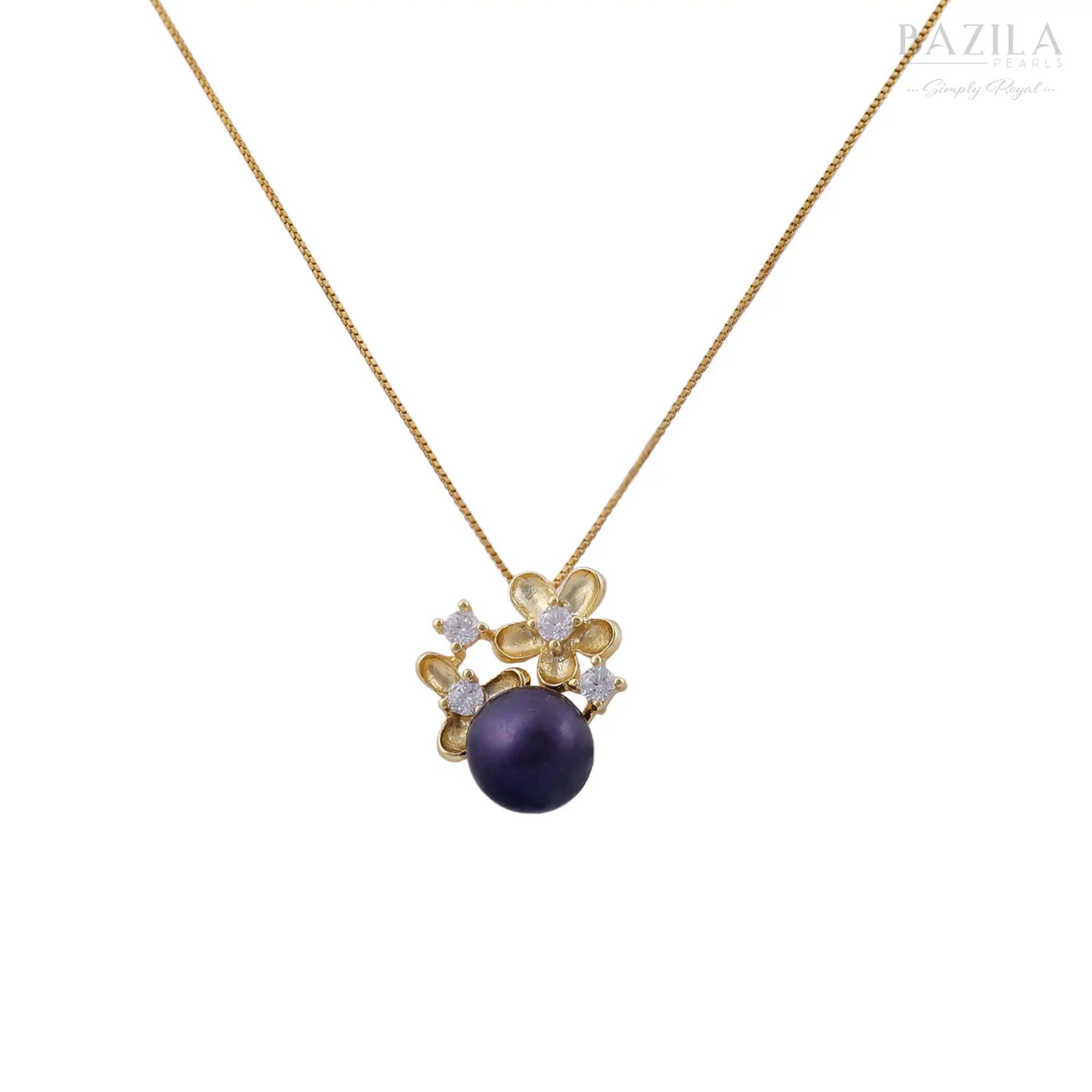 Black Pearl Floral Pendant Necklace in Gold Finish