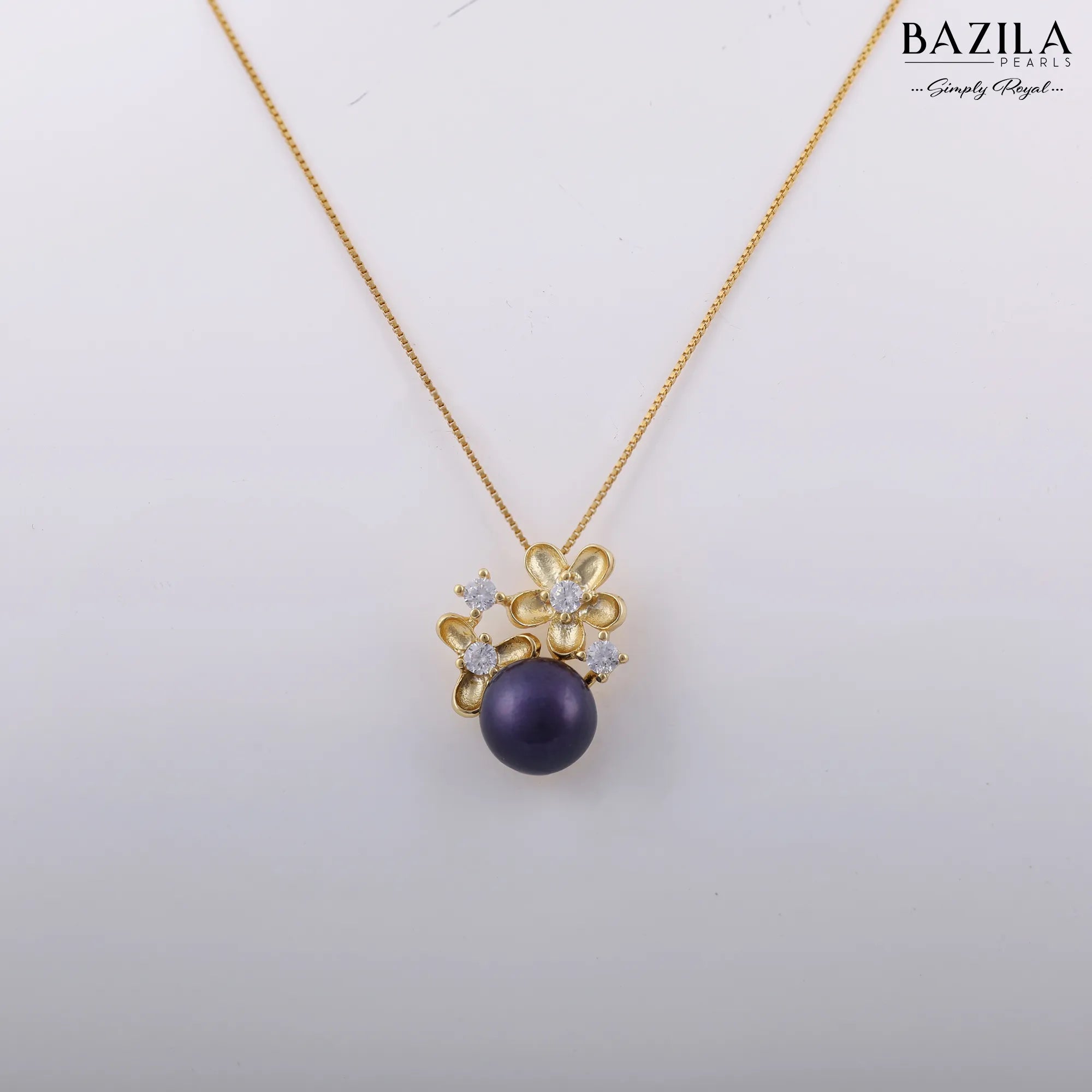 Black Pearl Floral Pendant Necklace in Gold Finish