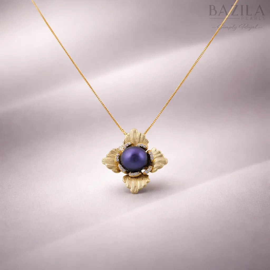 Black Pearl Floral Pendant Necklace in Gold Finish