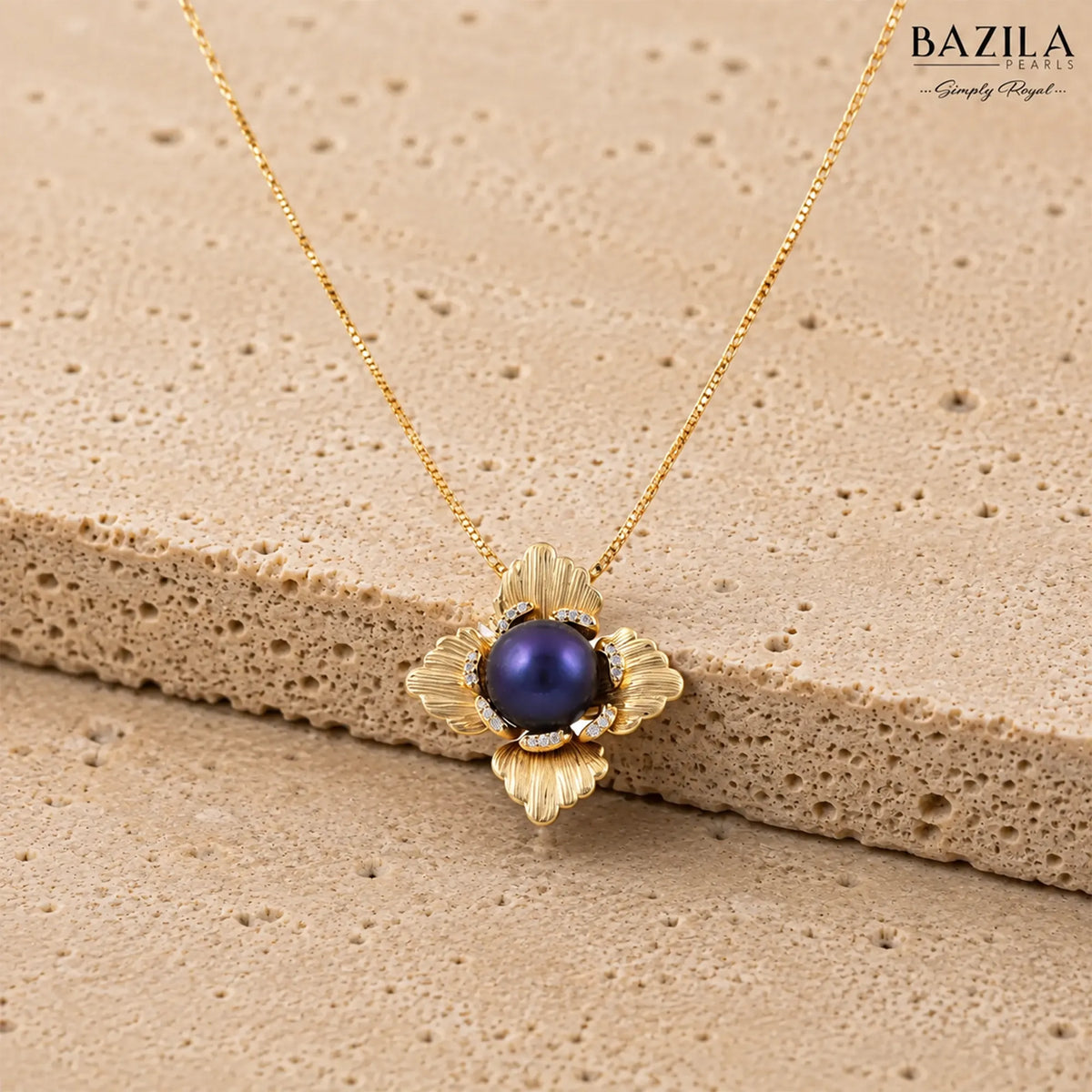 Black Pearl Floral Pendant Necklace in Gold Finish