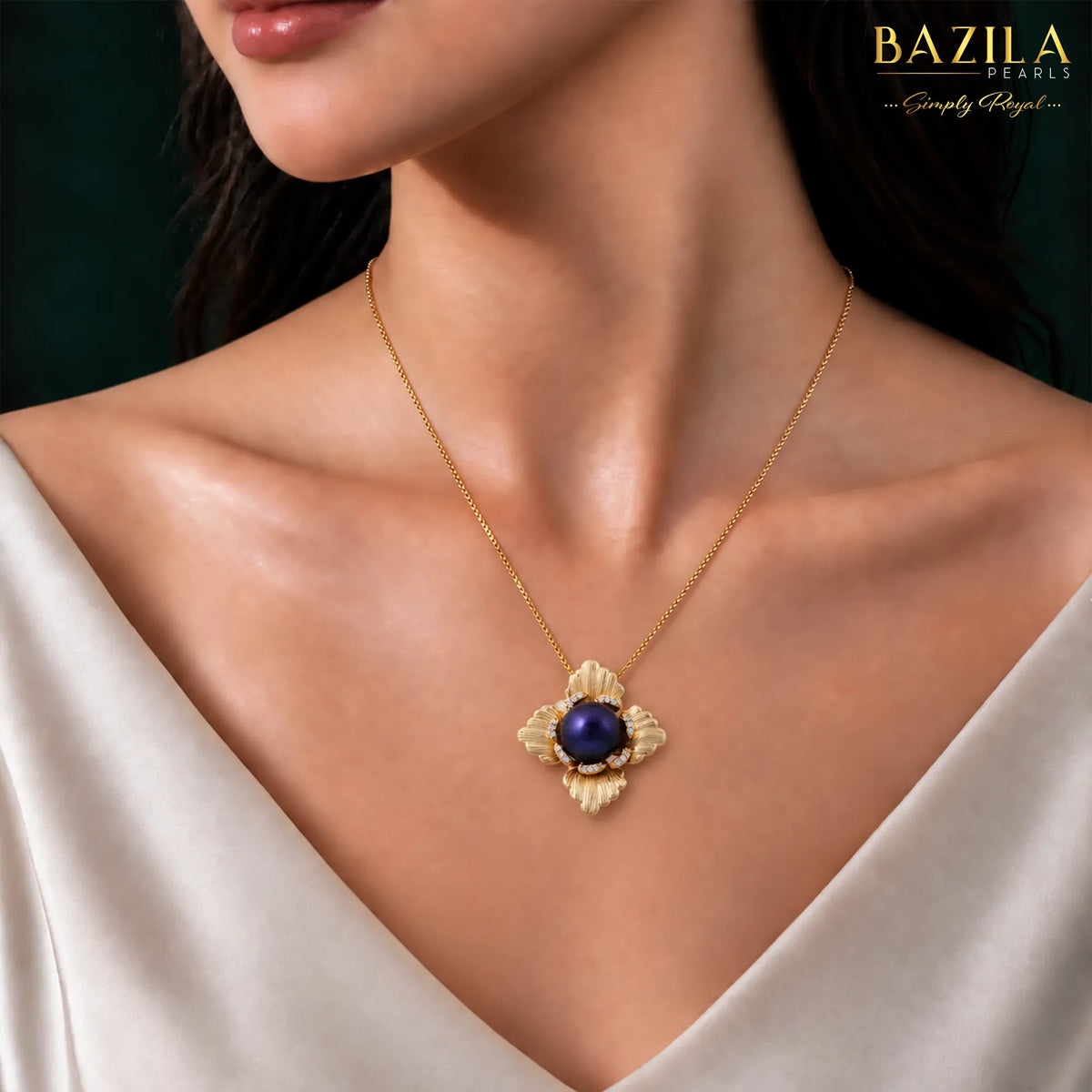 Black Pearl Floral Pendant Necklace in Gold Finish