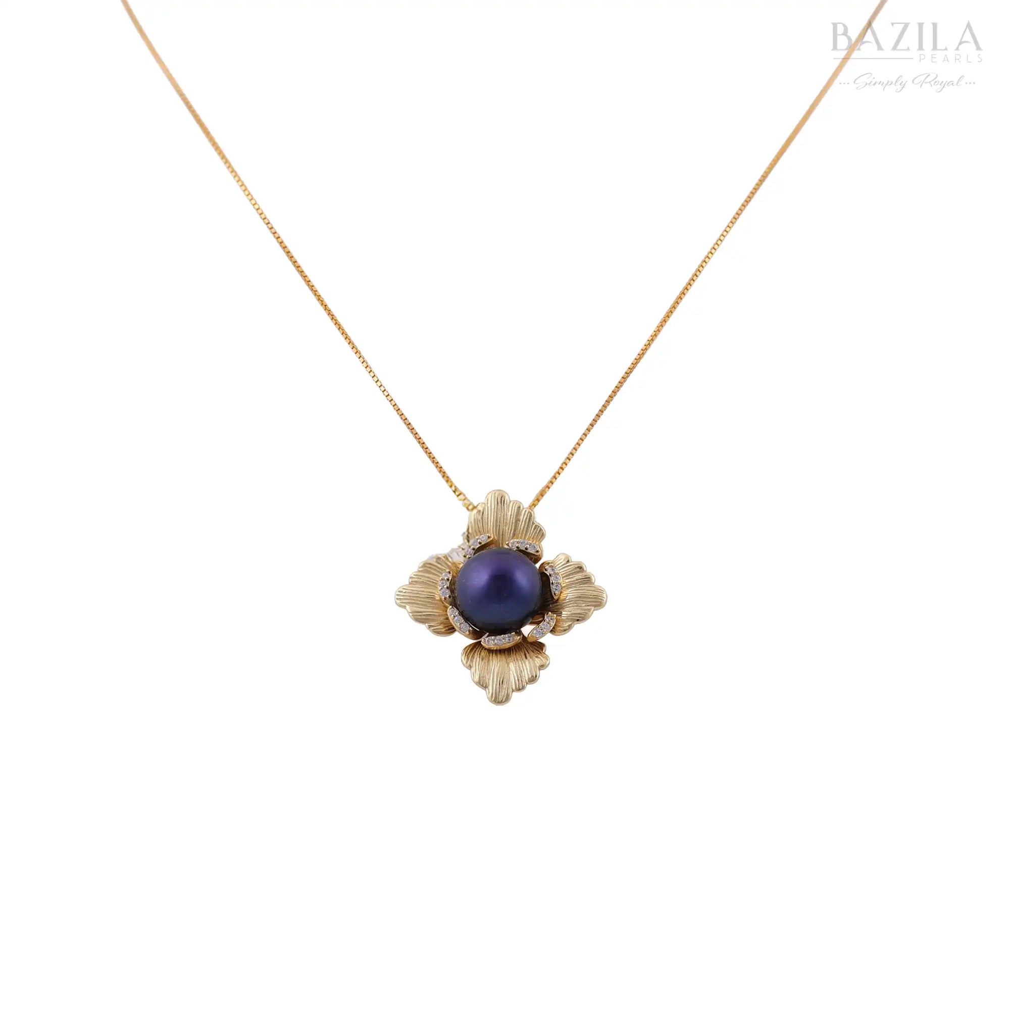 Black Pearl Floral Pendant Necklace in Gold Finish