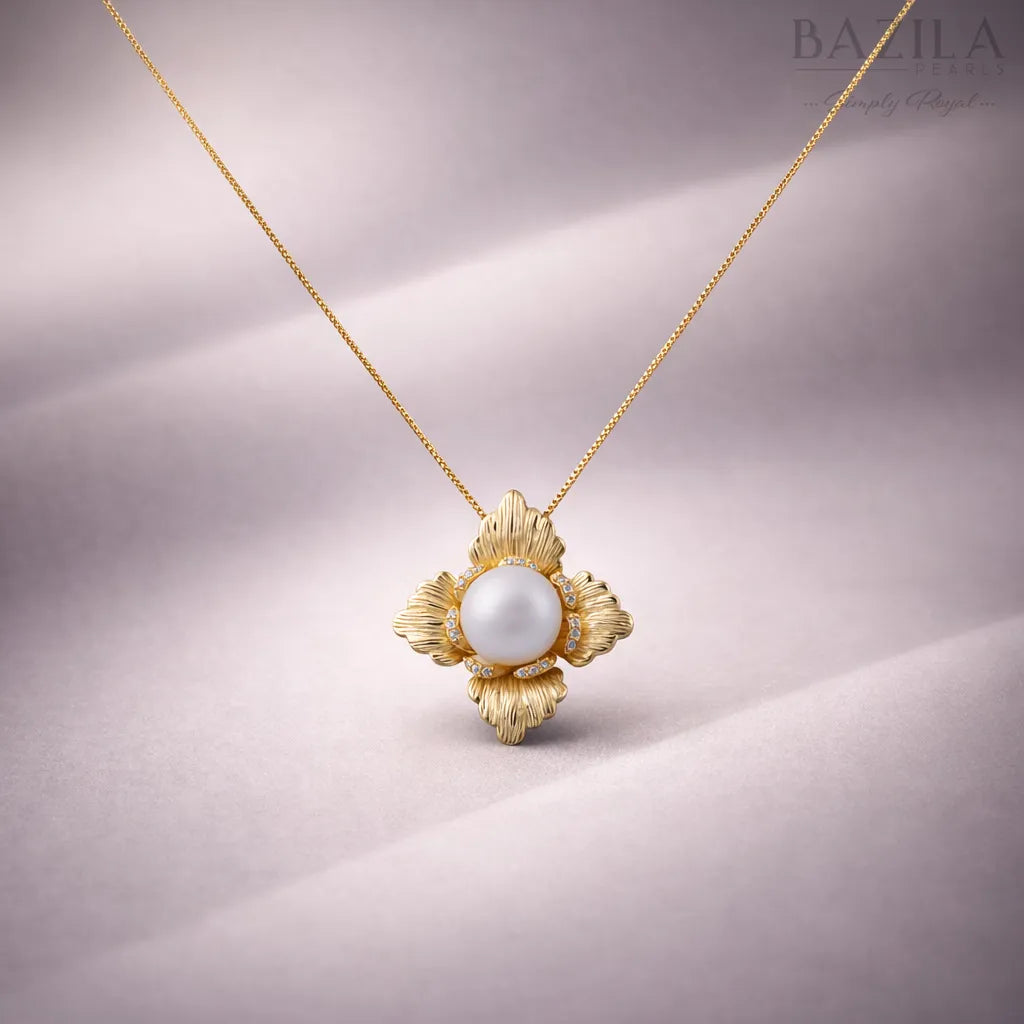 White Pearl Floral Pendant Necklace in Gold Finish