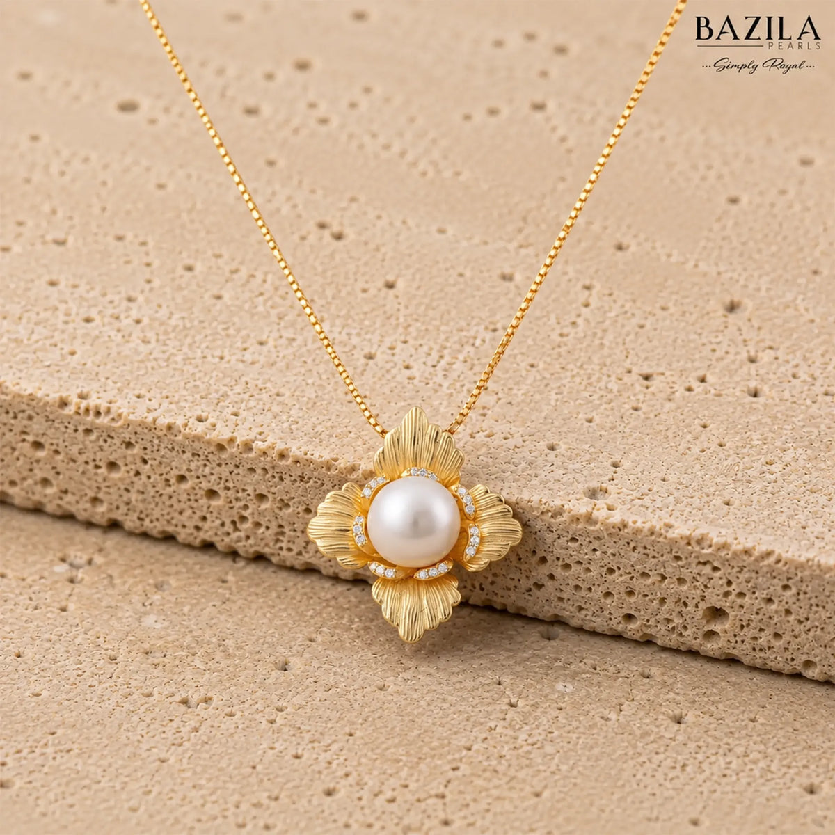 White Pearl Floral Pendant Necklace in Gold Finish