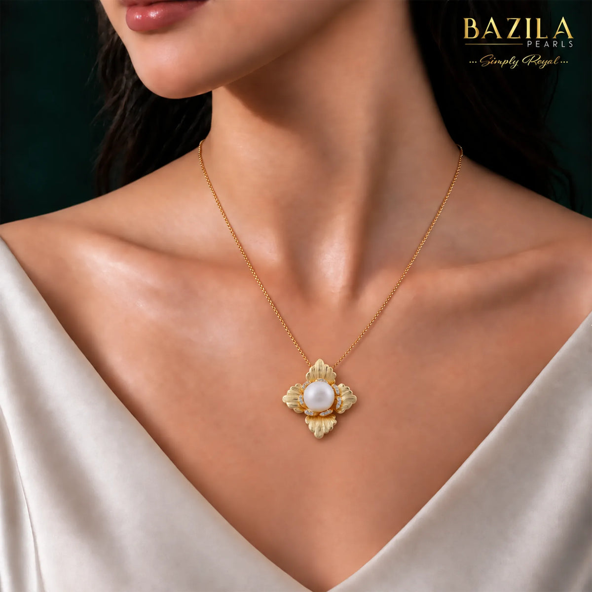 White Pearl Floral Pendant Necklace in Gold Finish