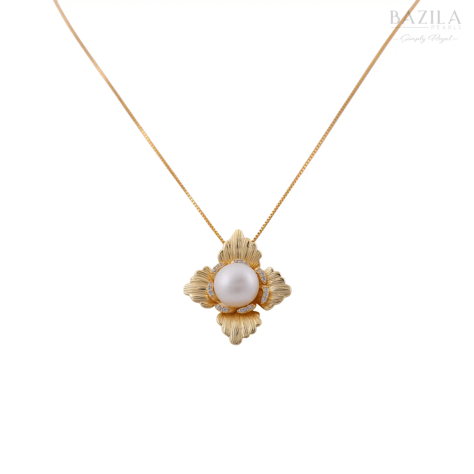 White Pearl Floral Pendant Necklace in Gold Finish