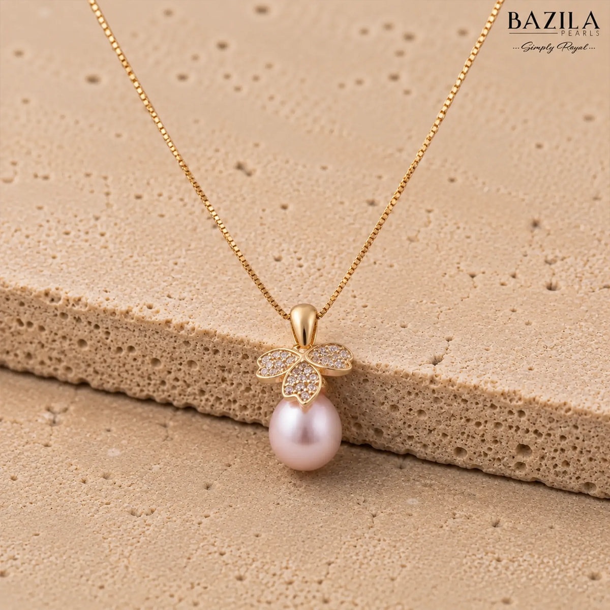Pink Pearl Clover Pendant Necklace in Gold Finish