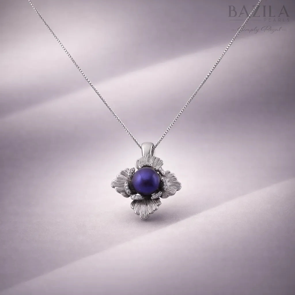 Floral Black Pearl Pendant Necklace in Silver Finish