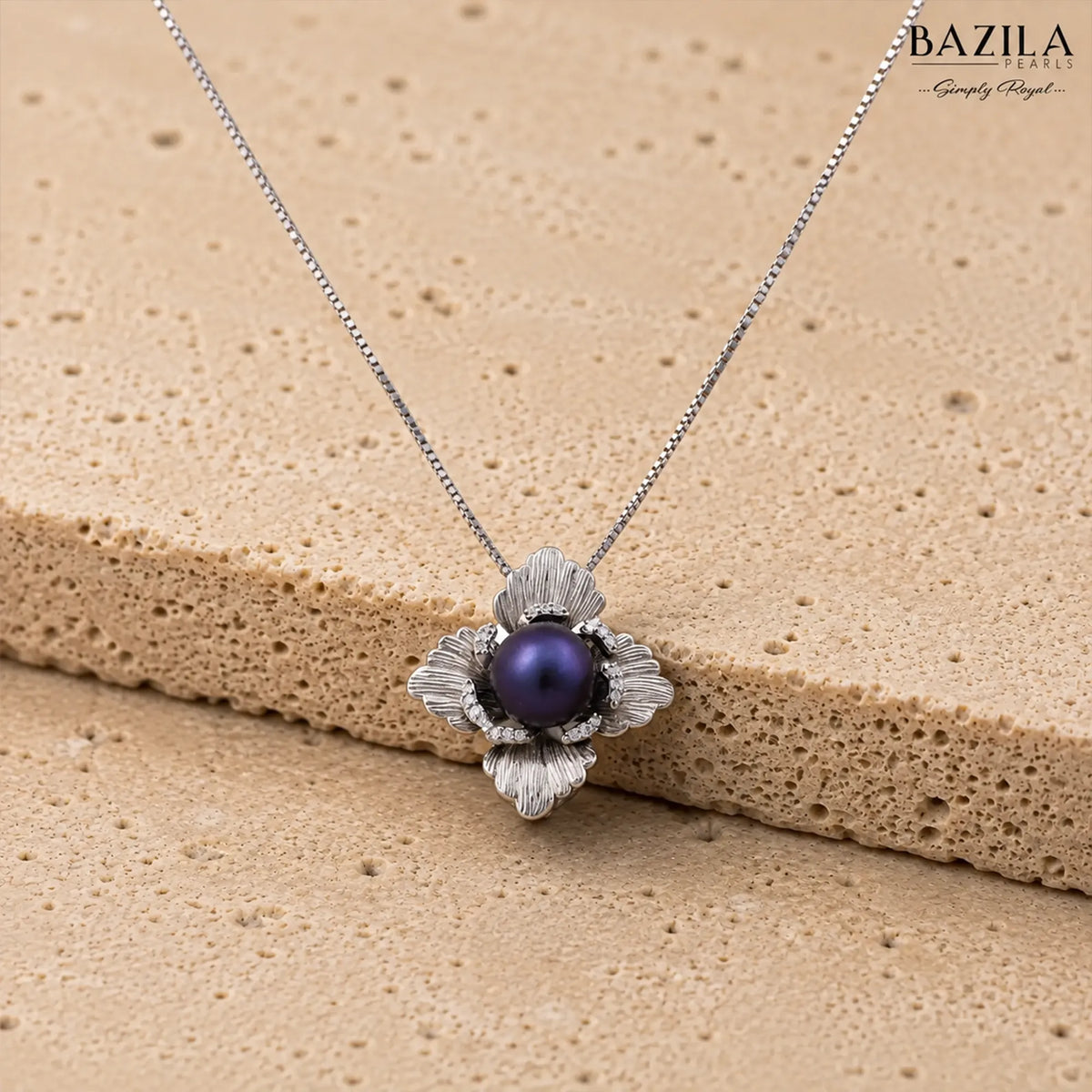 Floral Black Pearl Pendant Necklace in Silver Finish