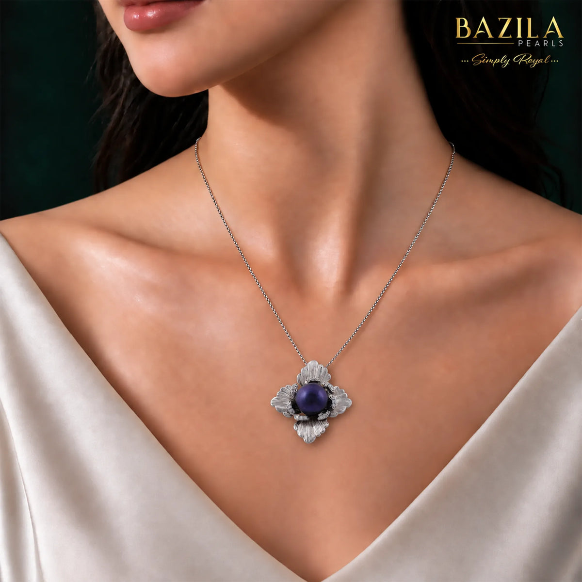 Floral Black Pearl Pendant Necklace in Silver Finish