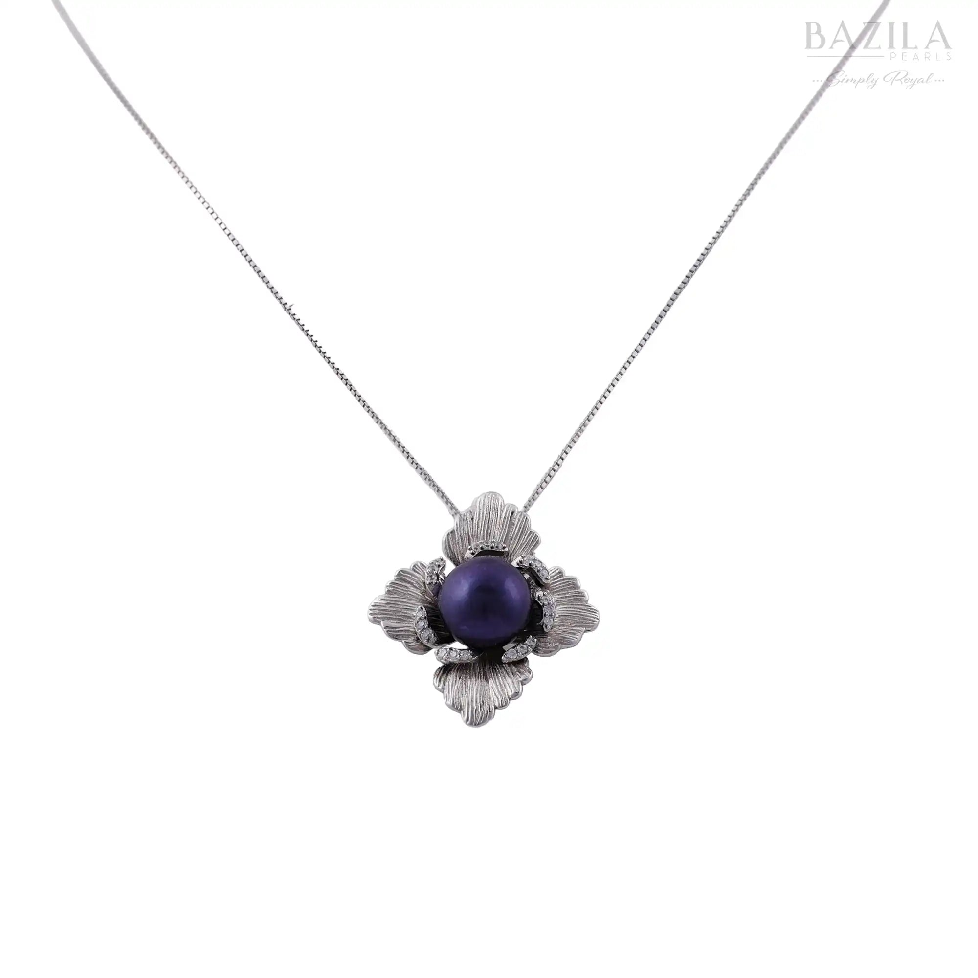 Floral Black Pearl Pendant Necklace in Silver Finish
