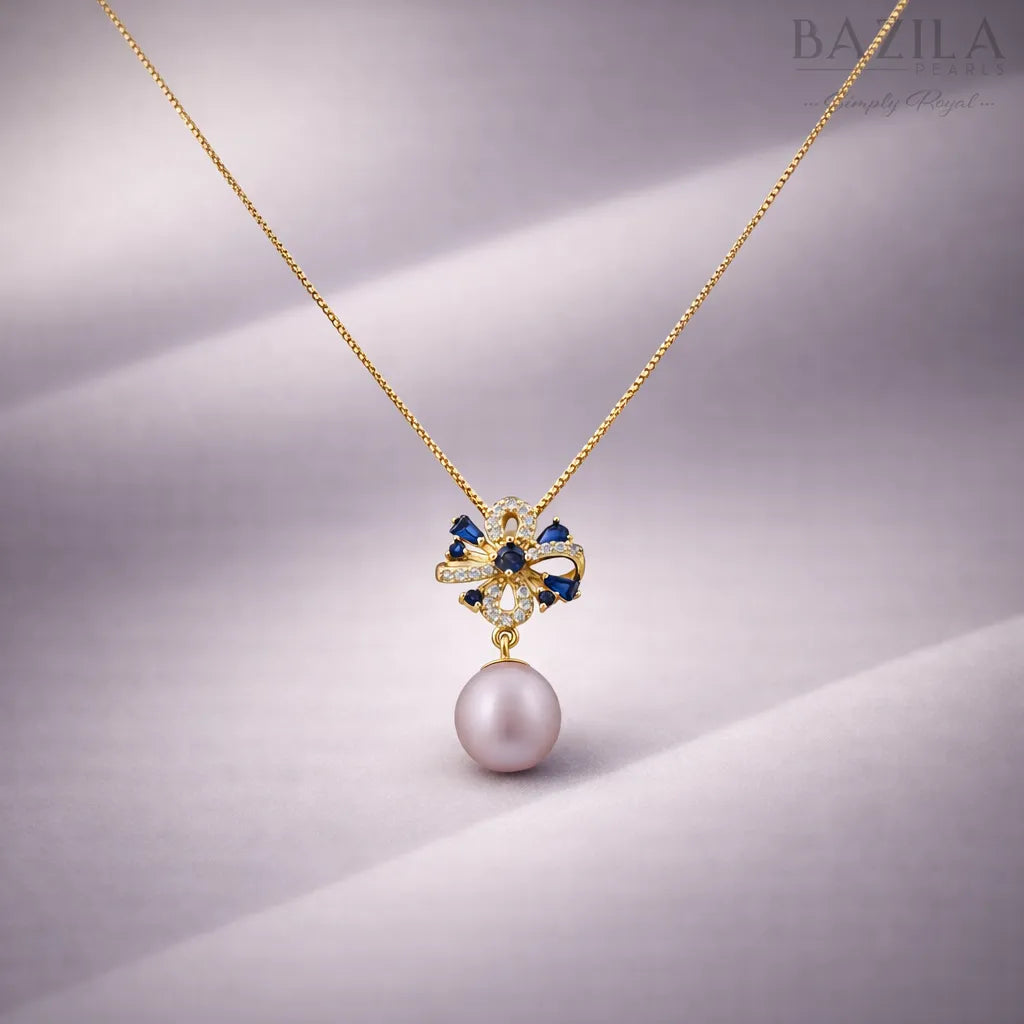 Floral Black Pearl Pendant Necklace in Silver Finish